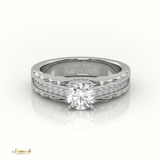 18K Gold 4 - Prong Round Cut Diamond Solitaire Engagement Ring with Pave Set Band & Milgrain Details - shemesh_diamonds