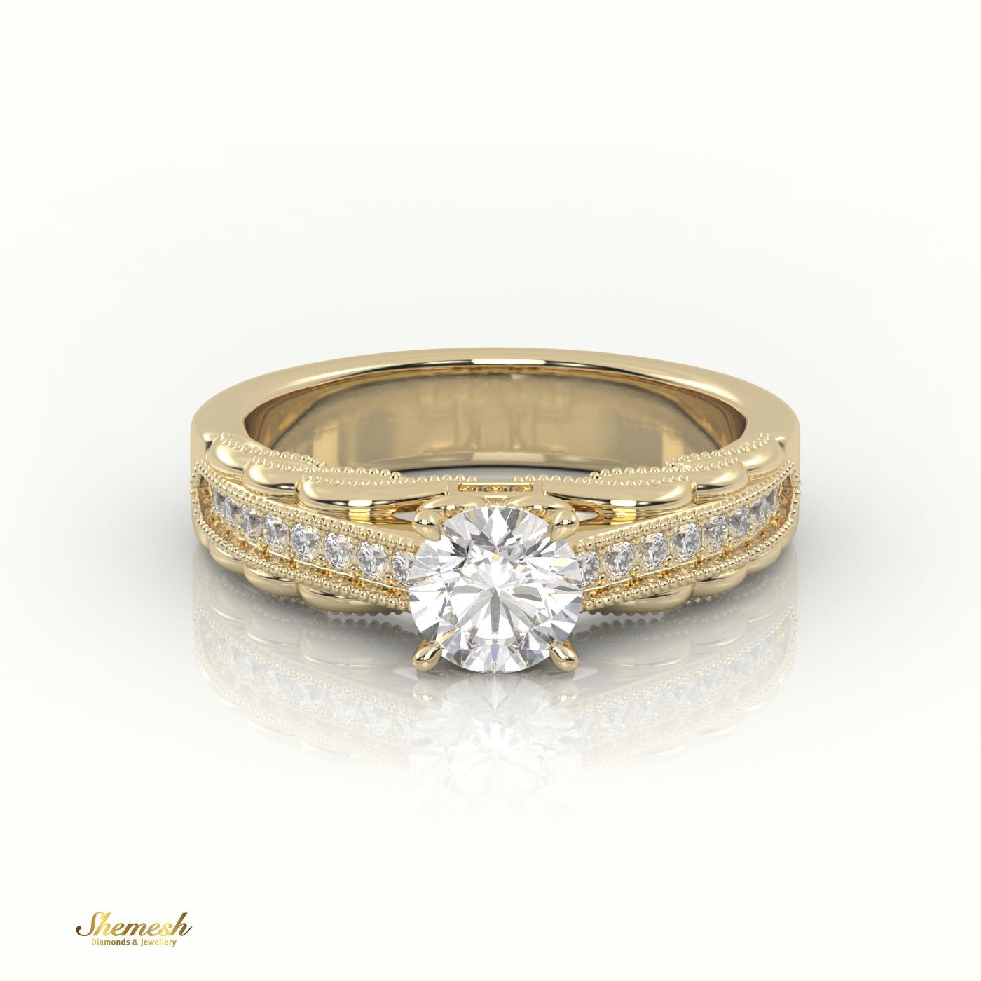 18K Gold 4 - Prong Round Cut Diamond Solitaire Engagement Ring with Pave Set Band & Milgrain Details - shemesh_diamonds