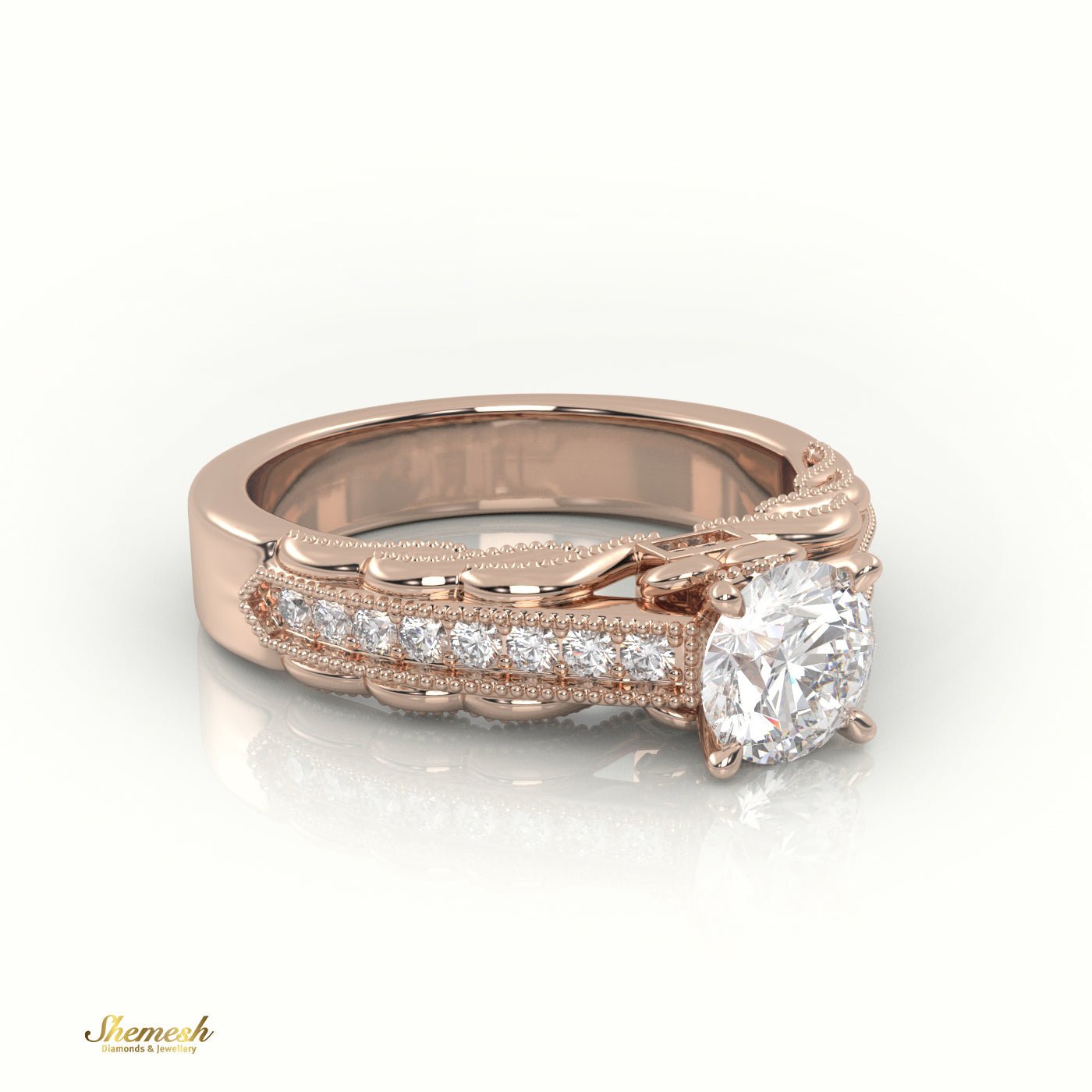 18K Gold 4 - Prong Round Cut Diamond Solitaire Engagement Ring with Pave Set Band & Milgrain Details - shemesh_diamonds