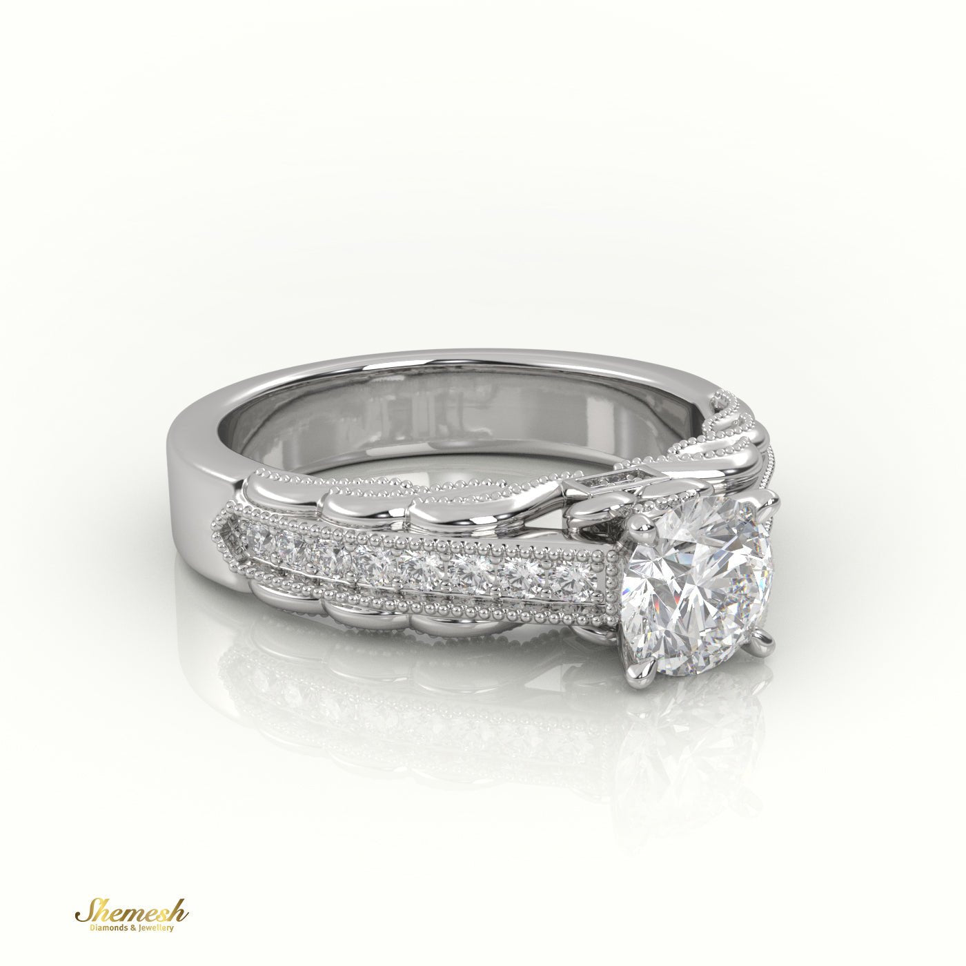 18K Gold 4 - Prong Round Cut Diamond Solitaire Engagement Ring with Pave Set Band & Milgrain Details - shemesh_diamonds