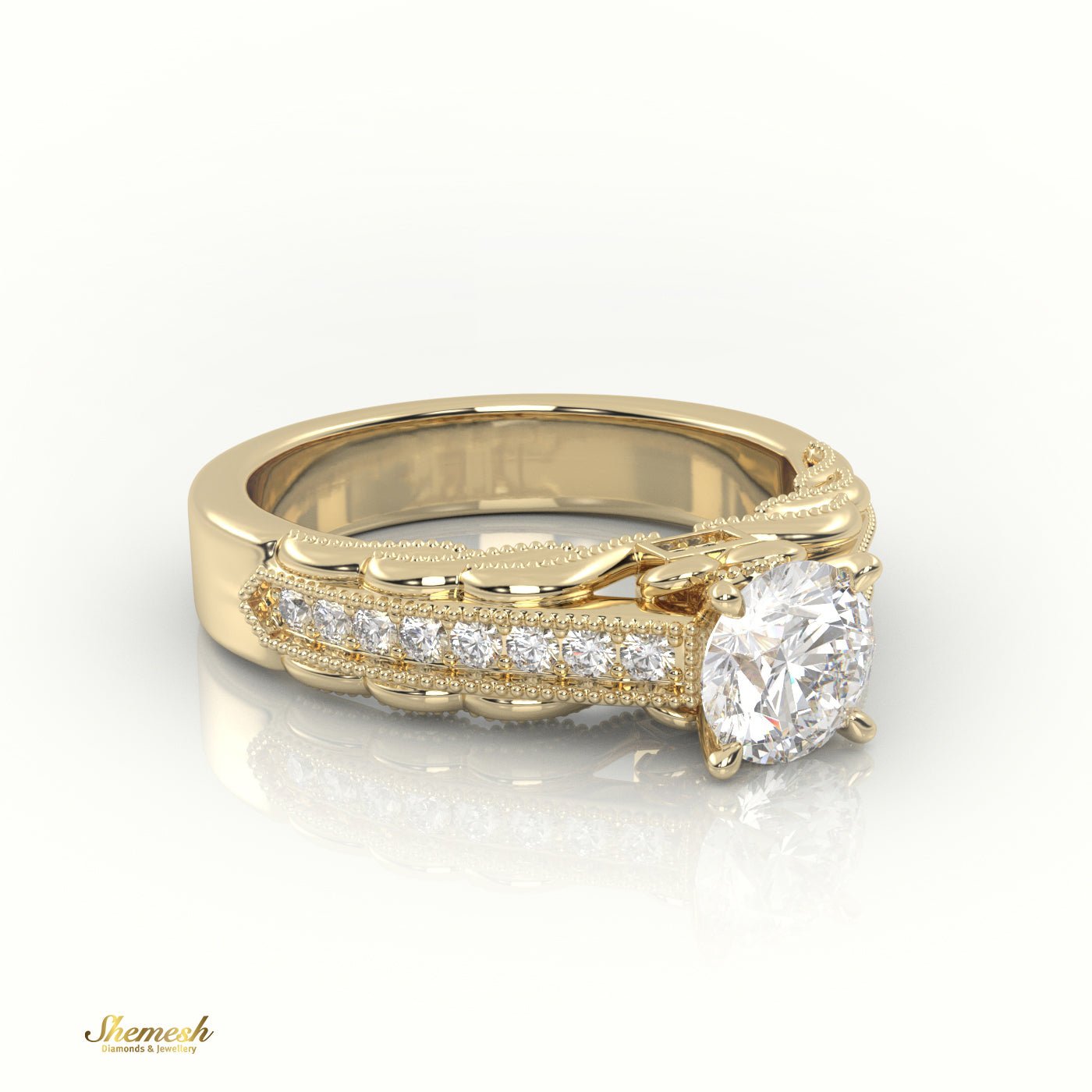 18K Gold 4 - Prong Round Cut Diamond Solitaire Engagement Ring with Pave Set Band & Milgrain Details - shemesh_diamonds