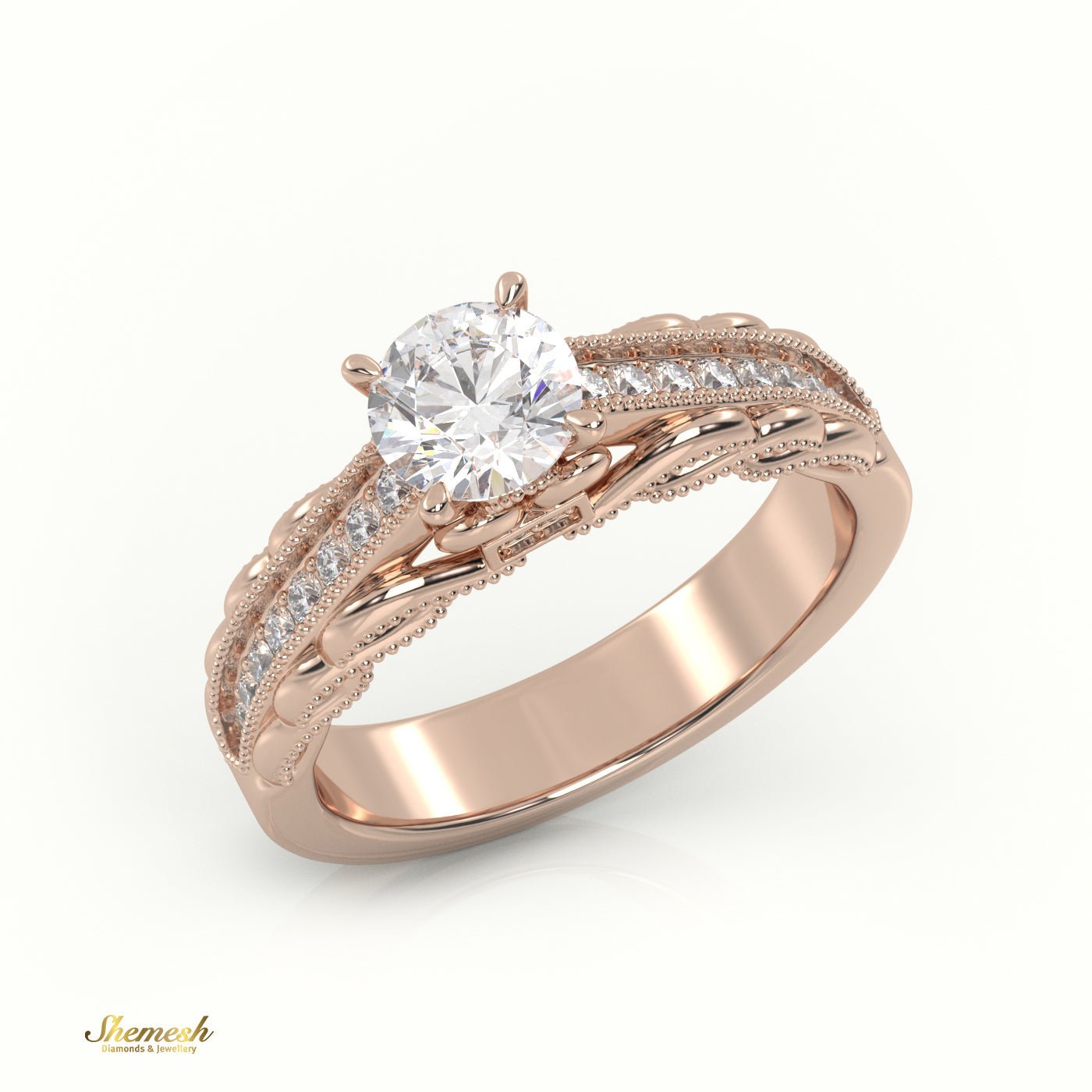 18K Gold 4 - Prong Round Cut Diamond Solitaire Engagement Ring with Pave Set Band & Milgrain Details - shemesh_diamonds