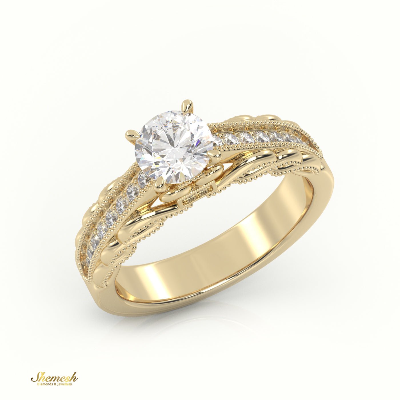 18K Gold 4 - Prong Round Cut Diamond Solitaire Engagement Ring with Pave Set Band & Milgrain Details - shemesh_diamonds