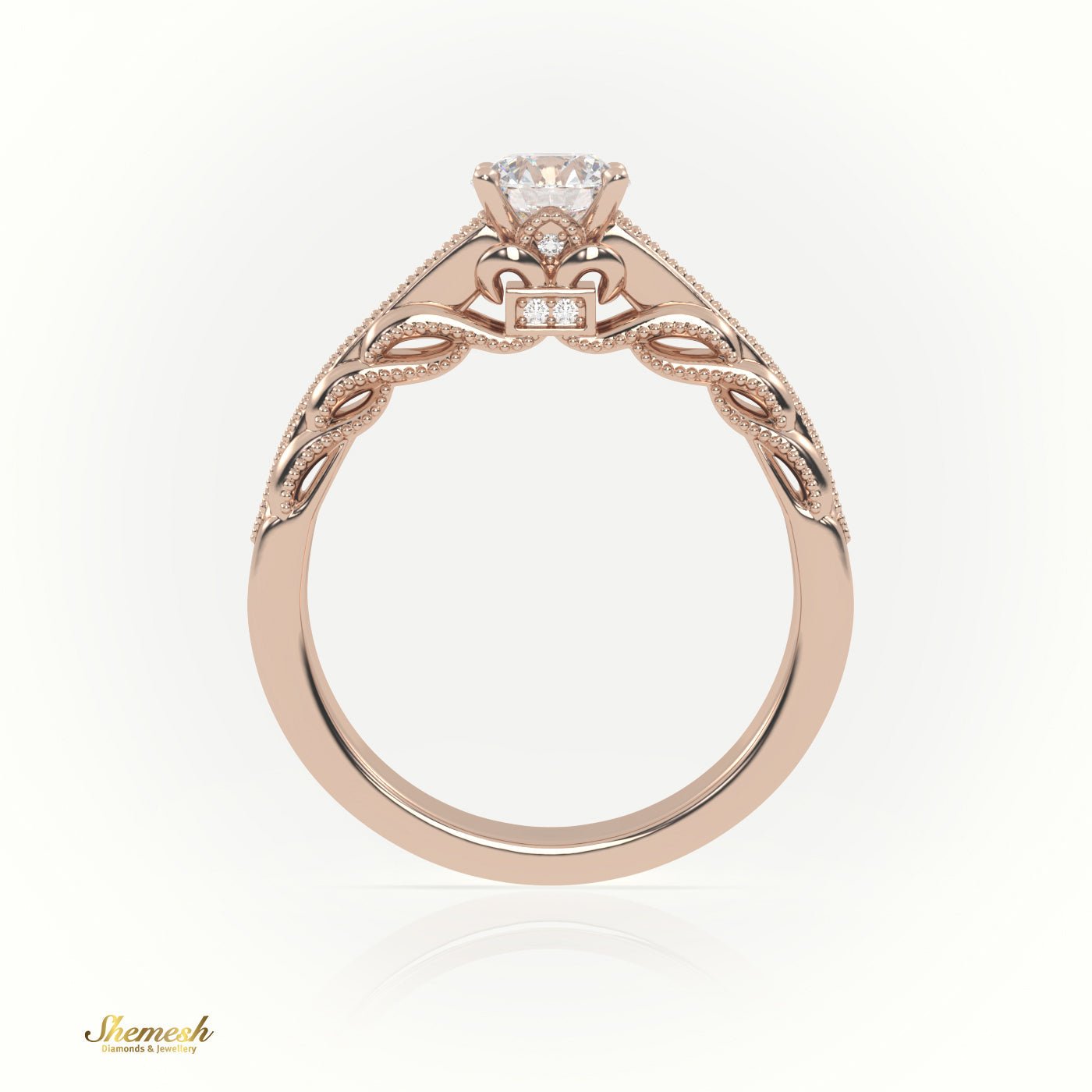 18K Gold 4 - Prong Round Cut Diamond Solitaire Engagement Ring with Pave Set Band & Milgrain Details - shemesh_diamonds