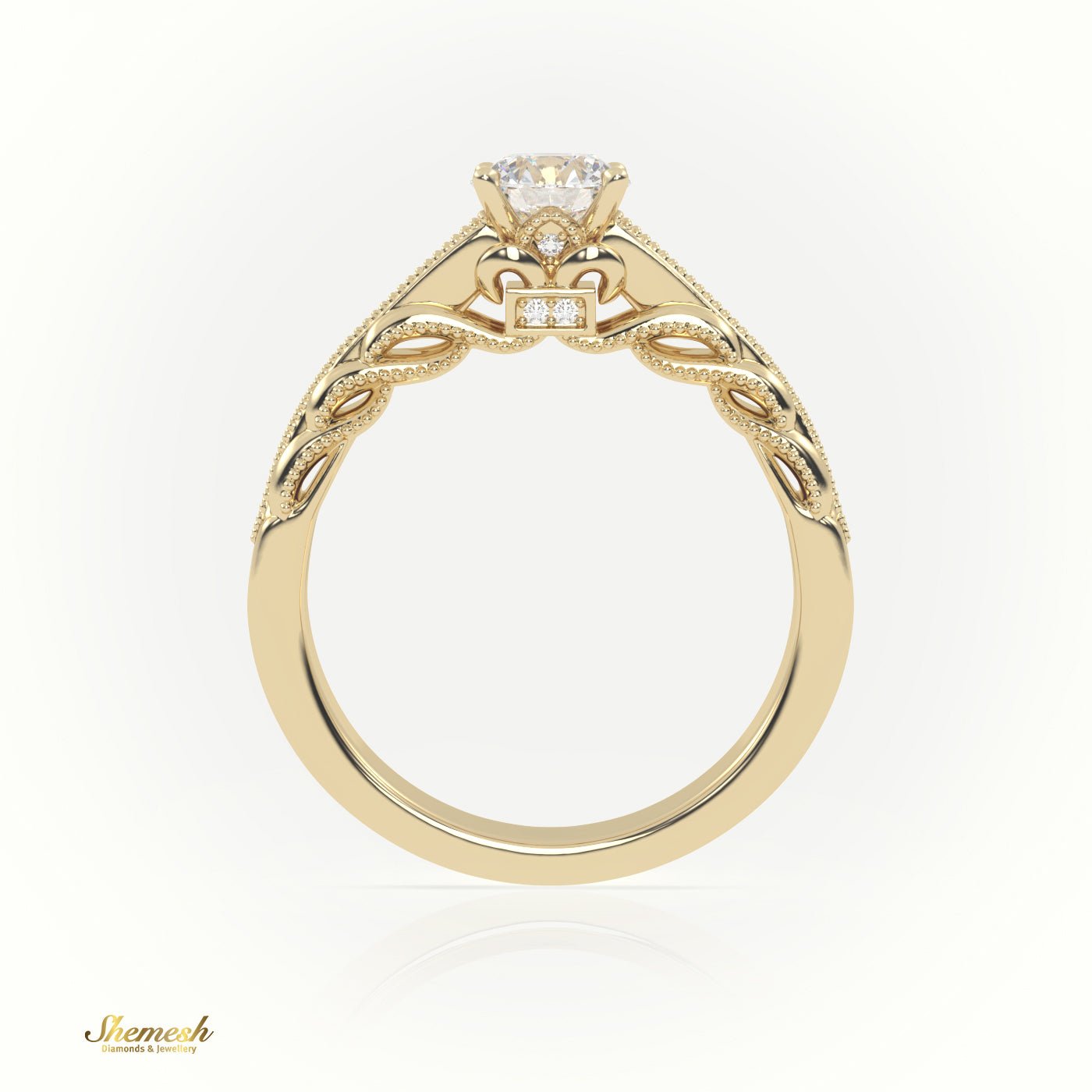 18K Gold 4 - Prong Round Cut Diamond Solitaire Engagement Ring with Pave Set Band & Milgrain Details - shemesh_diamonds