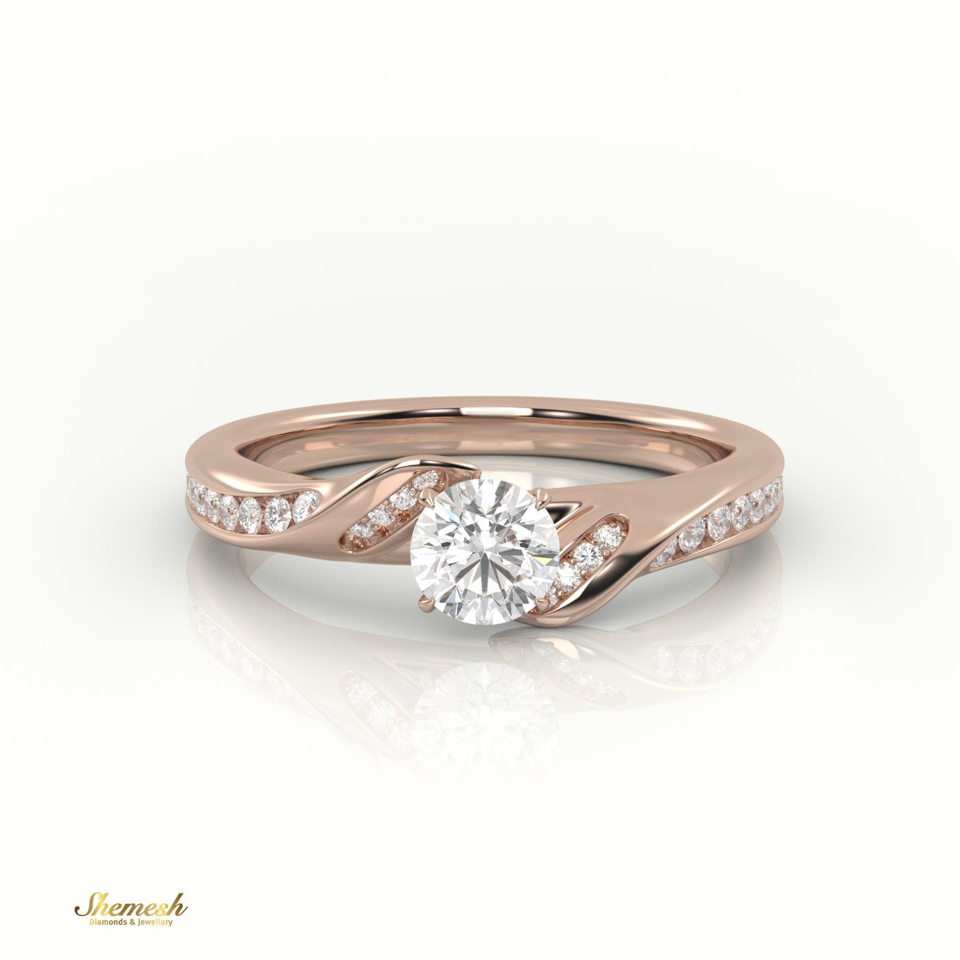 18K Gold 4 - Prong Round Cut Diamond Solitaire Engagement Ring with Twisted Pave Band - shemesh_diamonds