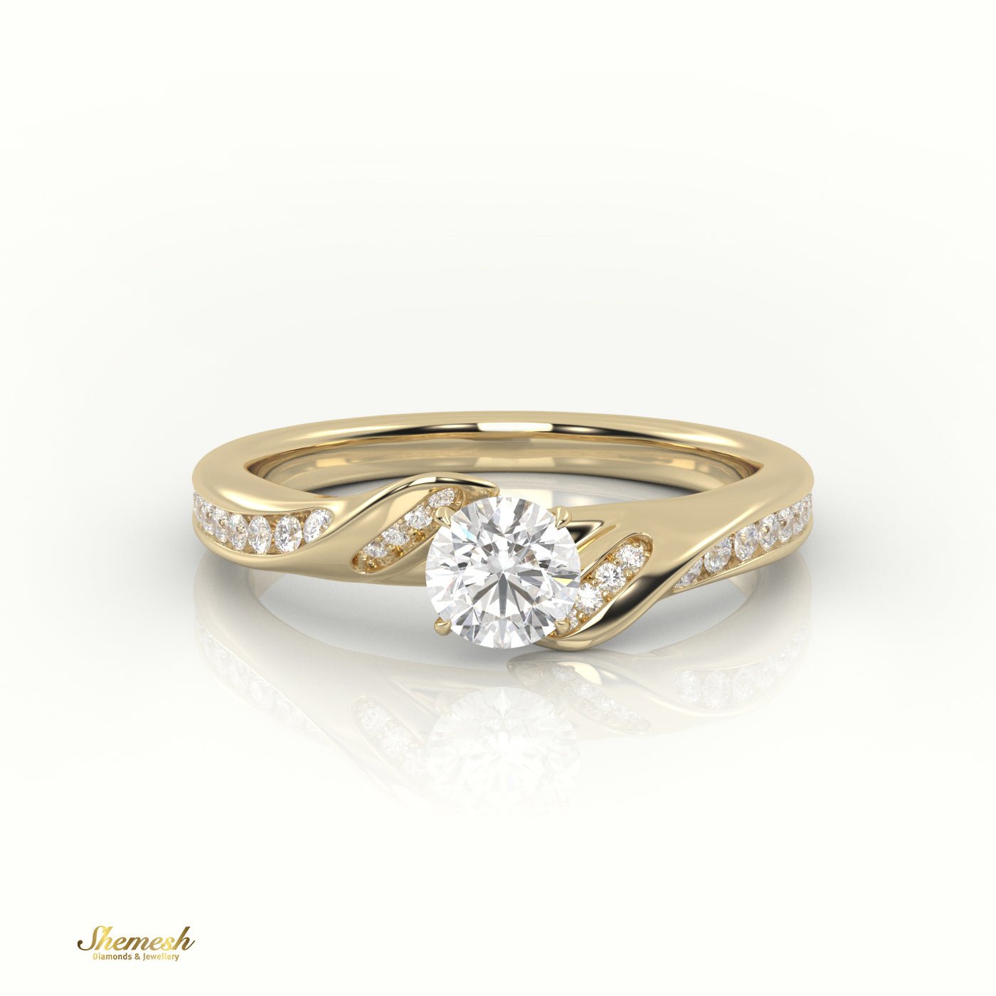 18K Gold 4 - Prong Round Cut Diamond Solitaire Engagement Ring with Twisted Pave Band - shemesh_diamonds