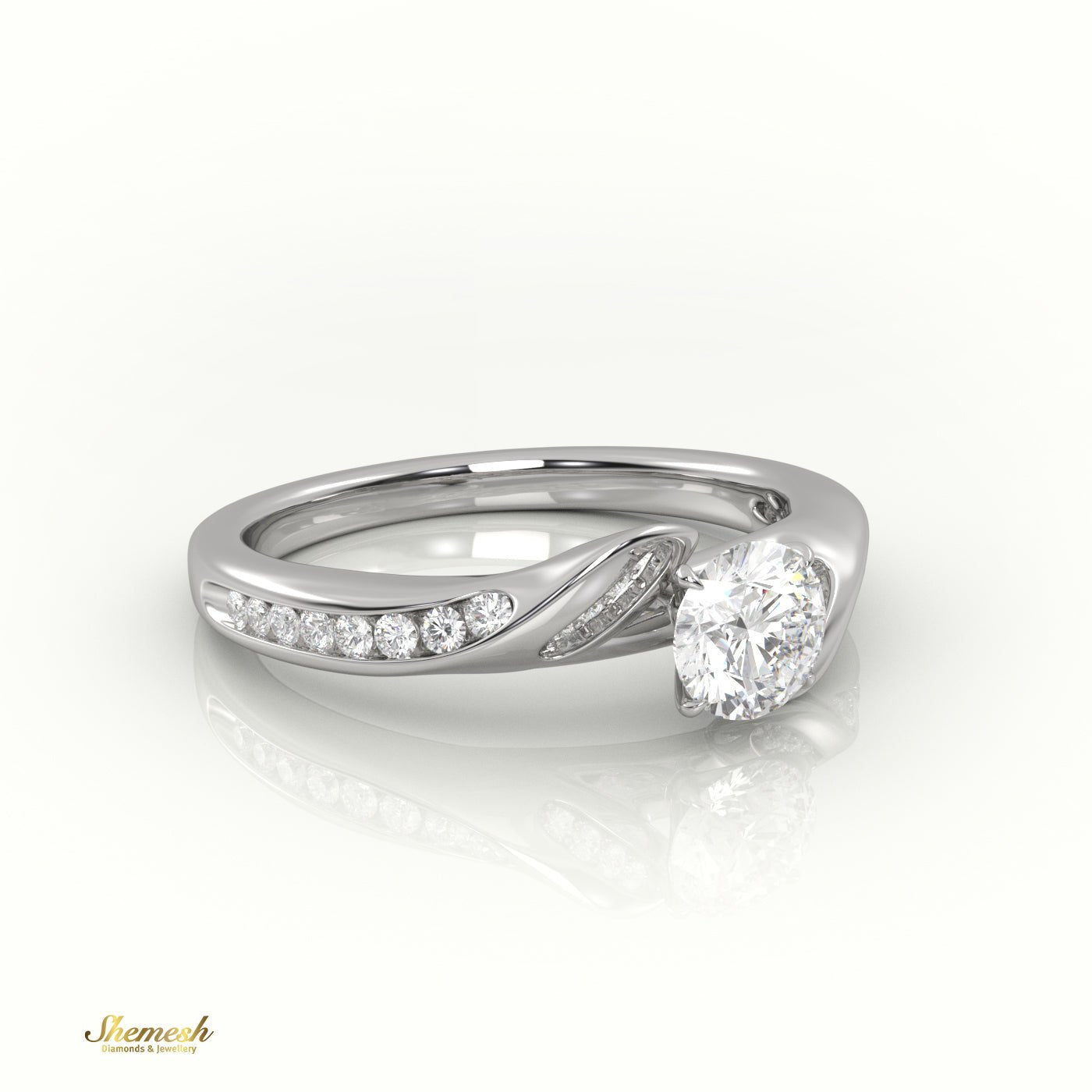 18K Gold 4 - Prong Round Cut Diamond Solitaire Engagement Ring with Twisted Pave Band - shemesh_diamonds