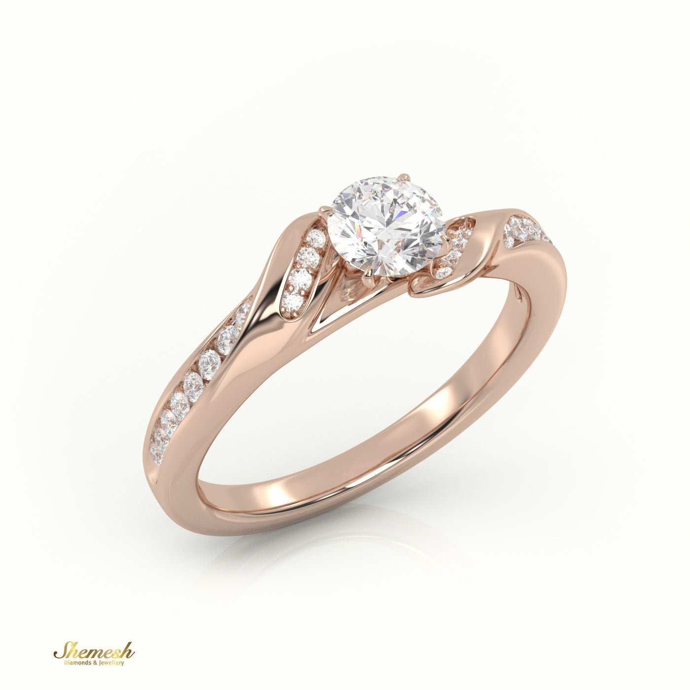 18K Gold 4 - Prong Round Cut Diamond Solitaire Engagement Ring with Twisted Pave Band - shemesh_diamonds