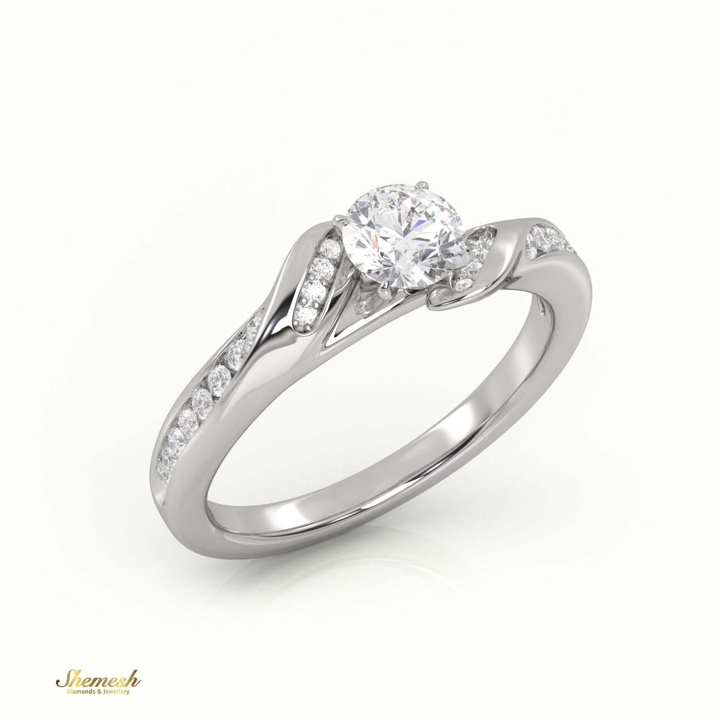 18K Gold 4 - Prong Round Cut Diamond Solitaire Engagement Ring with Twisted Pave Band - shemesh_diamonds