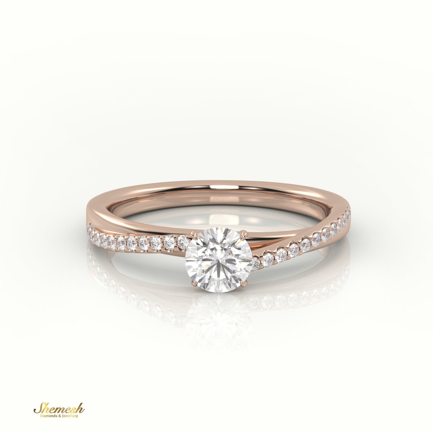 18K Gold 4 Prongs Round Cut Diamond Solitaire Engagement Ring with Twisted Pave Setting - shemesh_diamonds