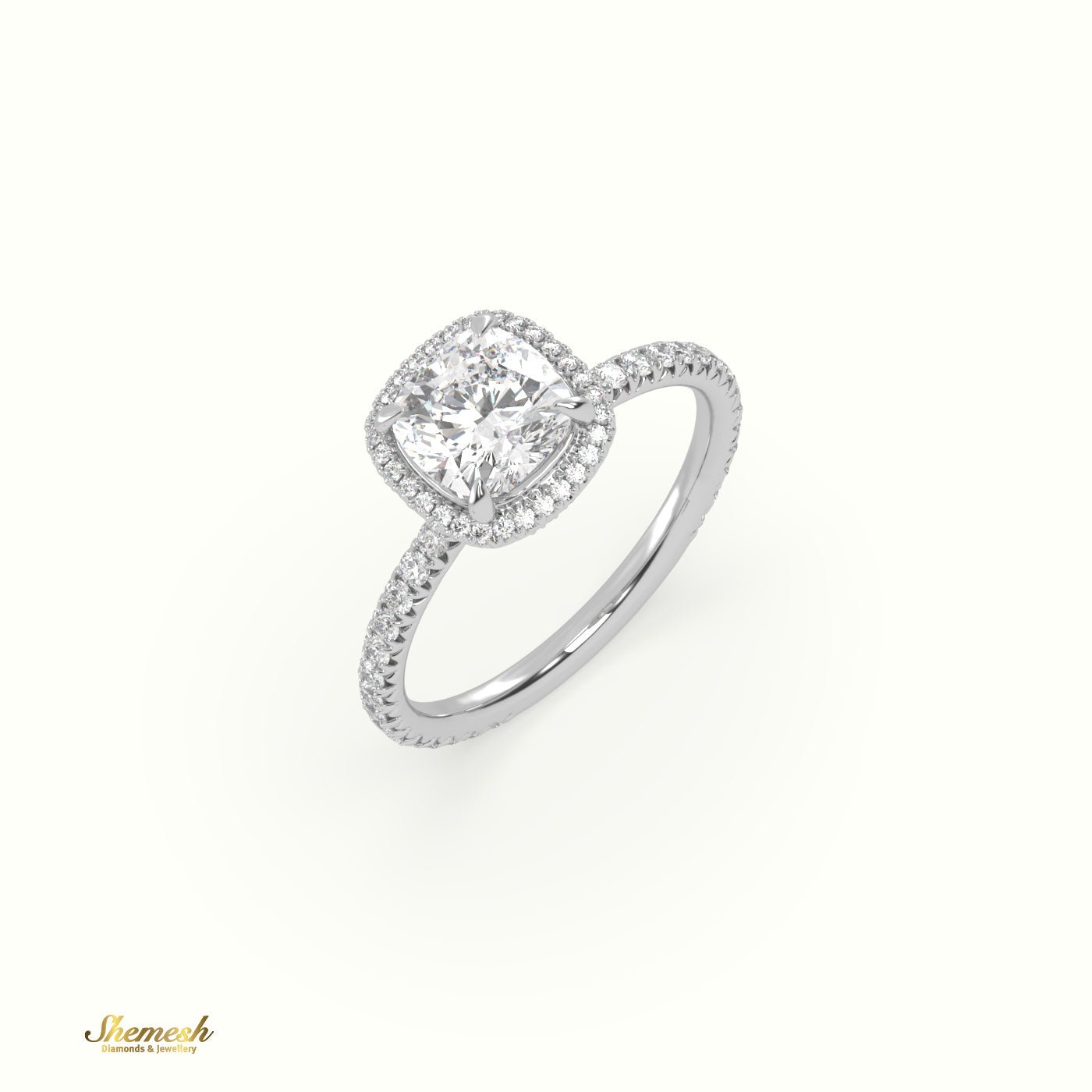 18K Gold 4 Prongs Cushion Diamond Halo EngagementRing with Pave Set Band - shemesh_diamonds