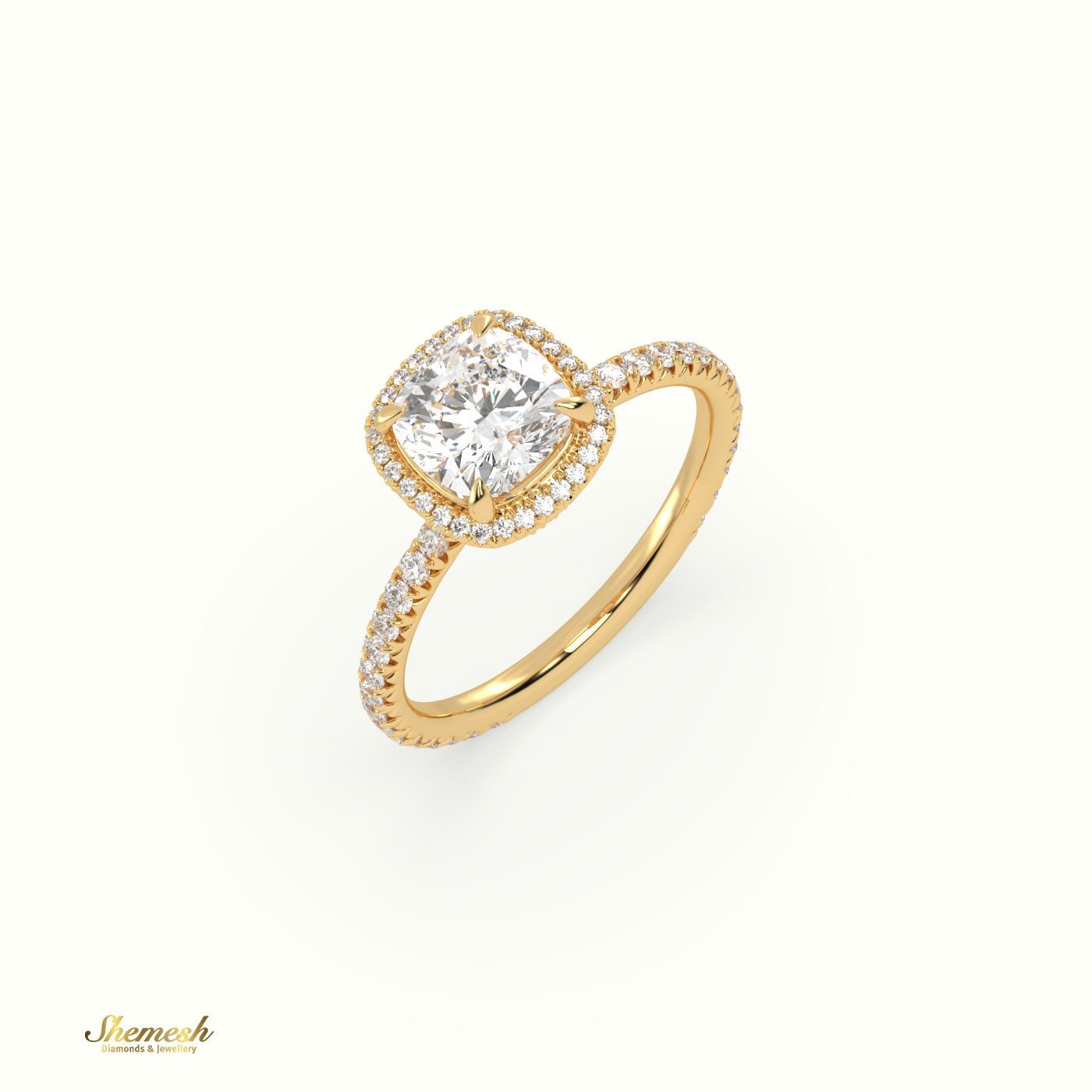 18K Gold 4 Prongs Cushion Diamond Halo EngagementRing with Pave Set Band - shemesh_diamonds