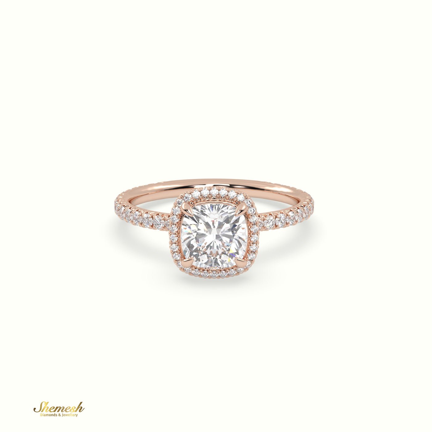 18K Gold 4 Prongs Cushion Diamond Halo EngagementRing with Pave Set Band - shemesh_diamonds