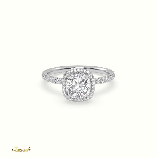 18K Gold 4 Prongs Cushion Diamond Halo EngagementRing with Pave Set Band - shemesh_diamonds