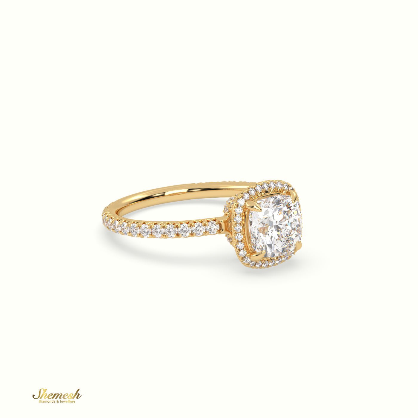 18K Gold 4 Prongs Cushion Diamond Halo EngagementRing with Pave Set Band - shemesh_diamonds