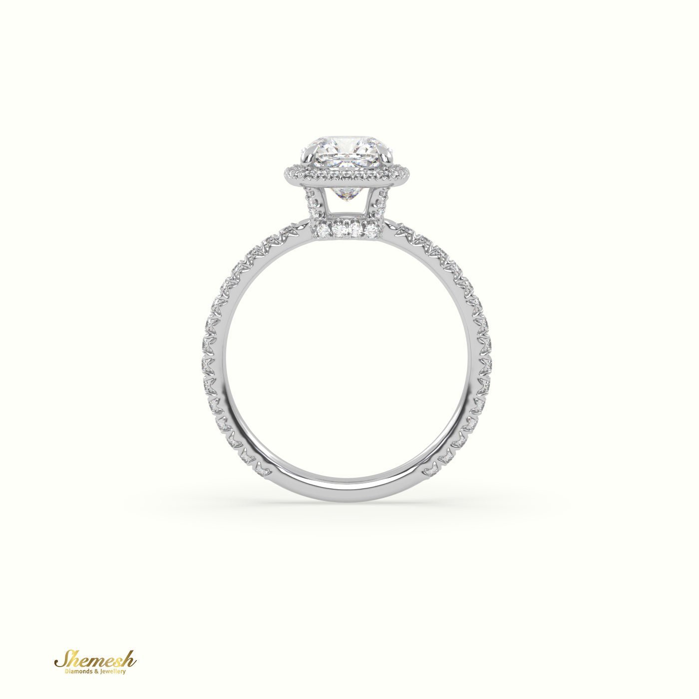 18K Gold 4 Prongs Cushion Diamond Halo EngagementRing with Pave Set Band - shemesh_diamonds