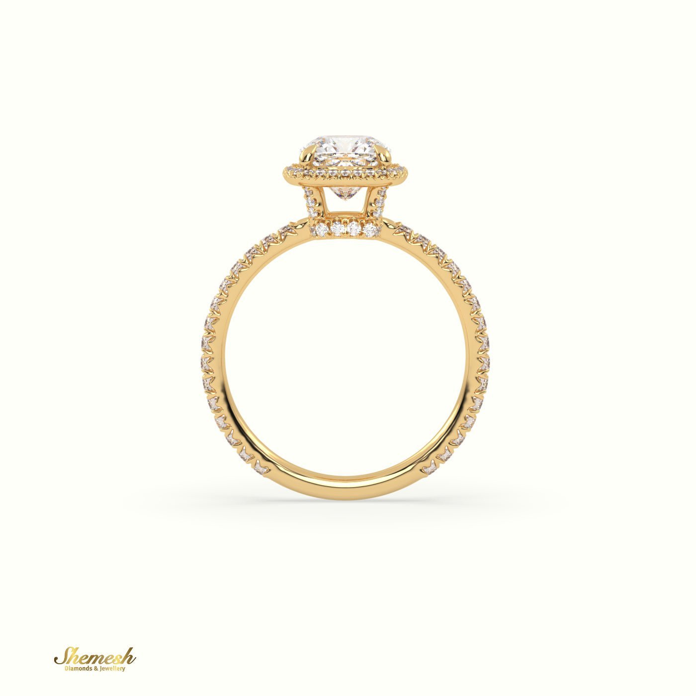 18K Gold 4 Prongs Cushion Diamond Halo EngagementRing with Pave Set Band - shemesh_diamonds