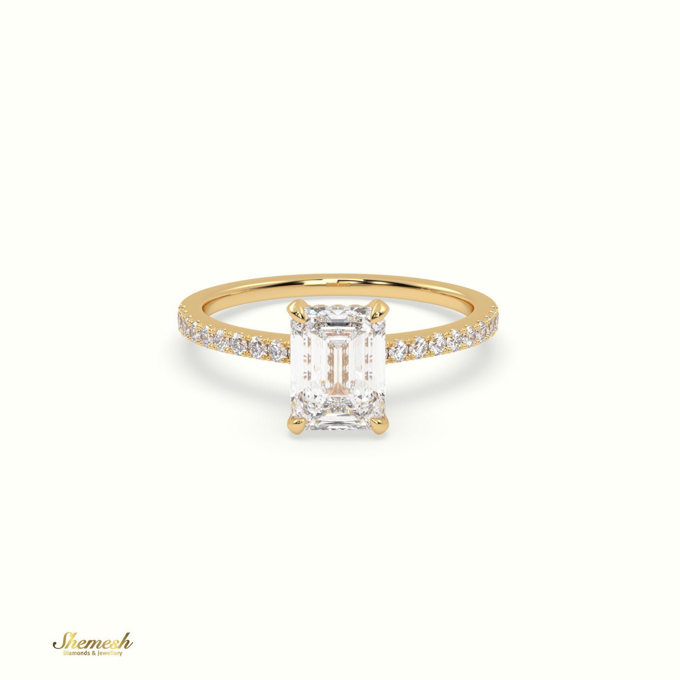 18K Gold 4 Prongs Emerald Diamond Solitaire Engagement Ring with Pave Set Band - shemesh_diamonds