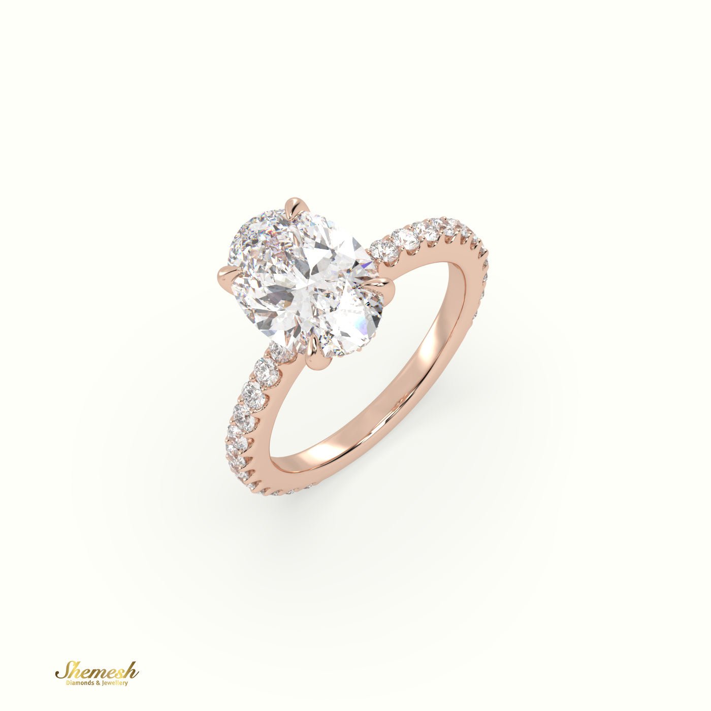 18K Gold 4 Prongs Oval Diamond Solitaire Engagement Ring with Pave Set Band - shemesh_diamonds