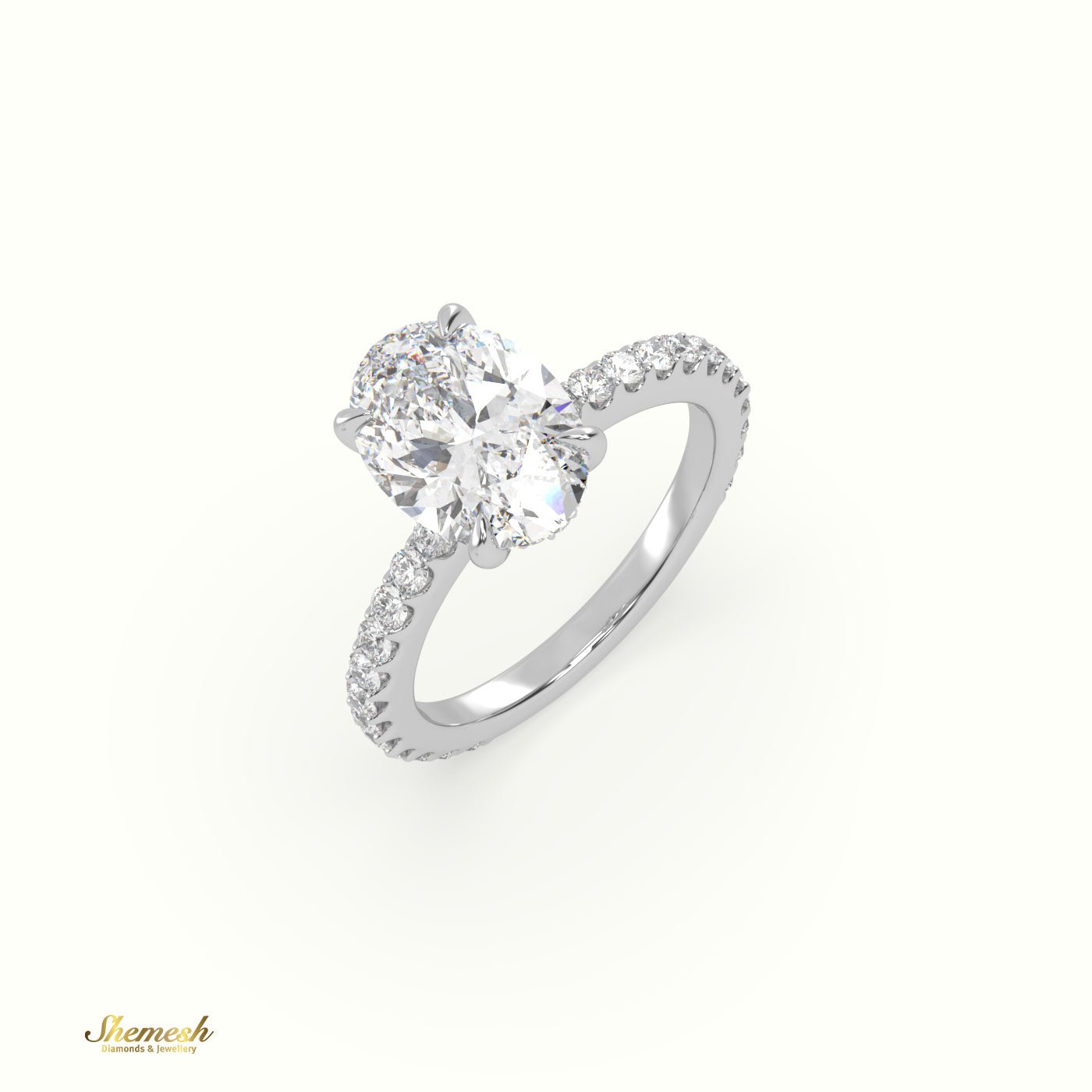 18K Gold 4 Prongs Oval Diamond Solitaire Engagement Ring with Pave Set Band - shemesh_diamonds