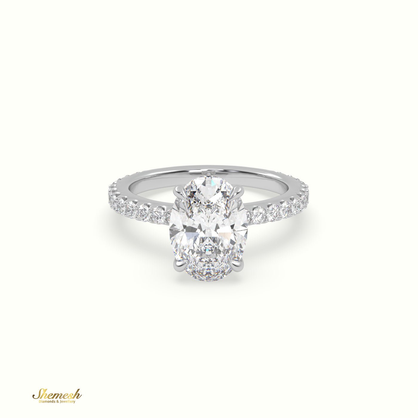 18K Gold 4 Prongs Oval Diamond Solitaire Engagement Ring with Pave Set Band - shemesh_diamonds