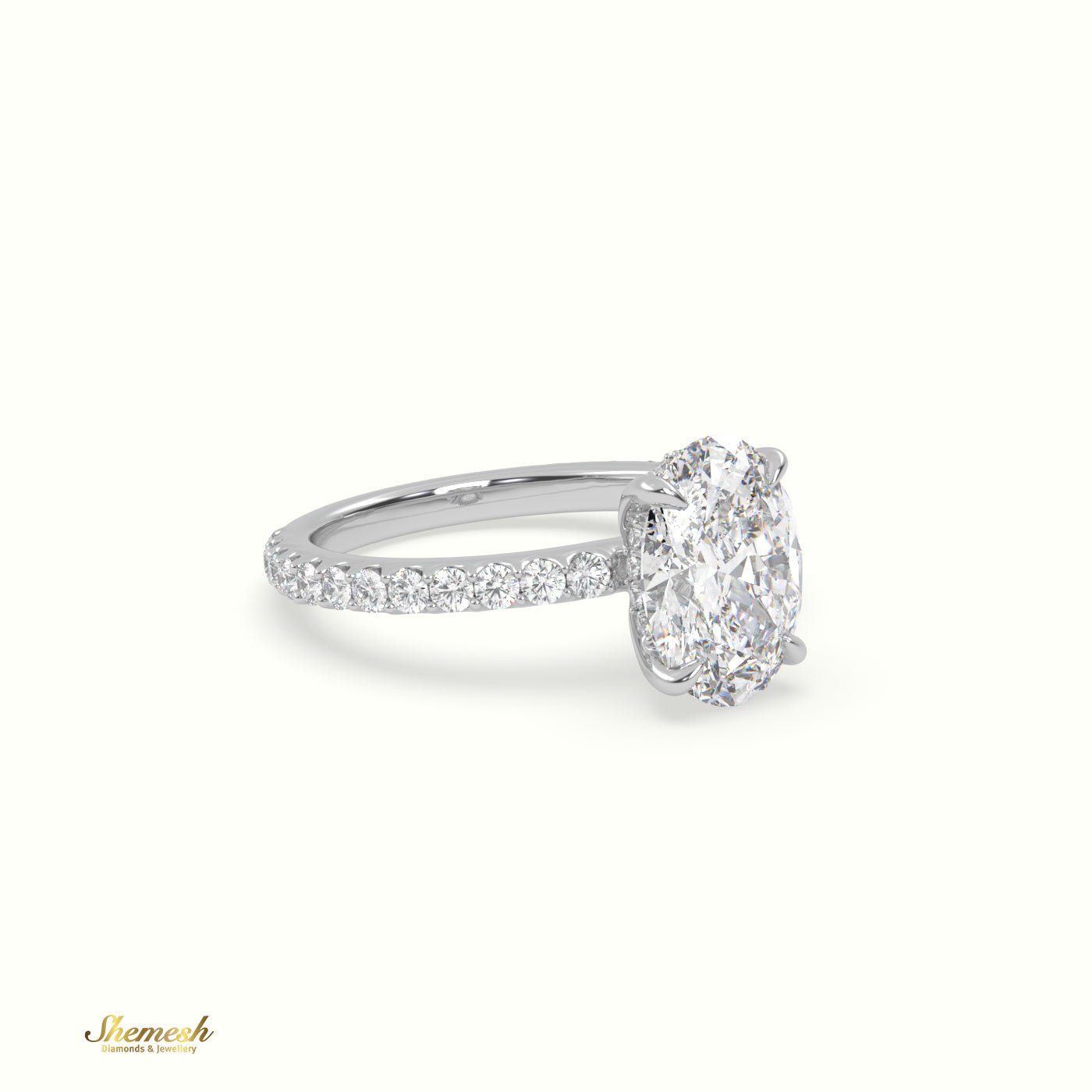 18K Gold 4 Prongs Oval Diamond Solitaire Engagement Ring with Pave Set Band - shemesh_diamonds