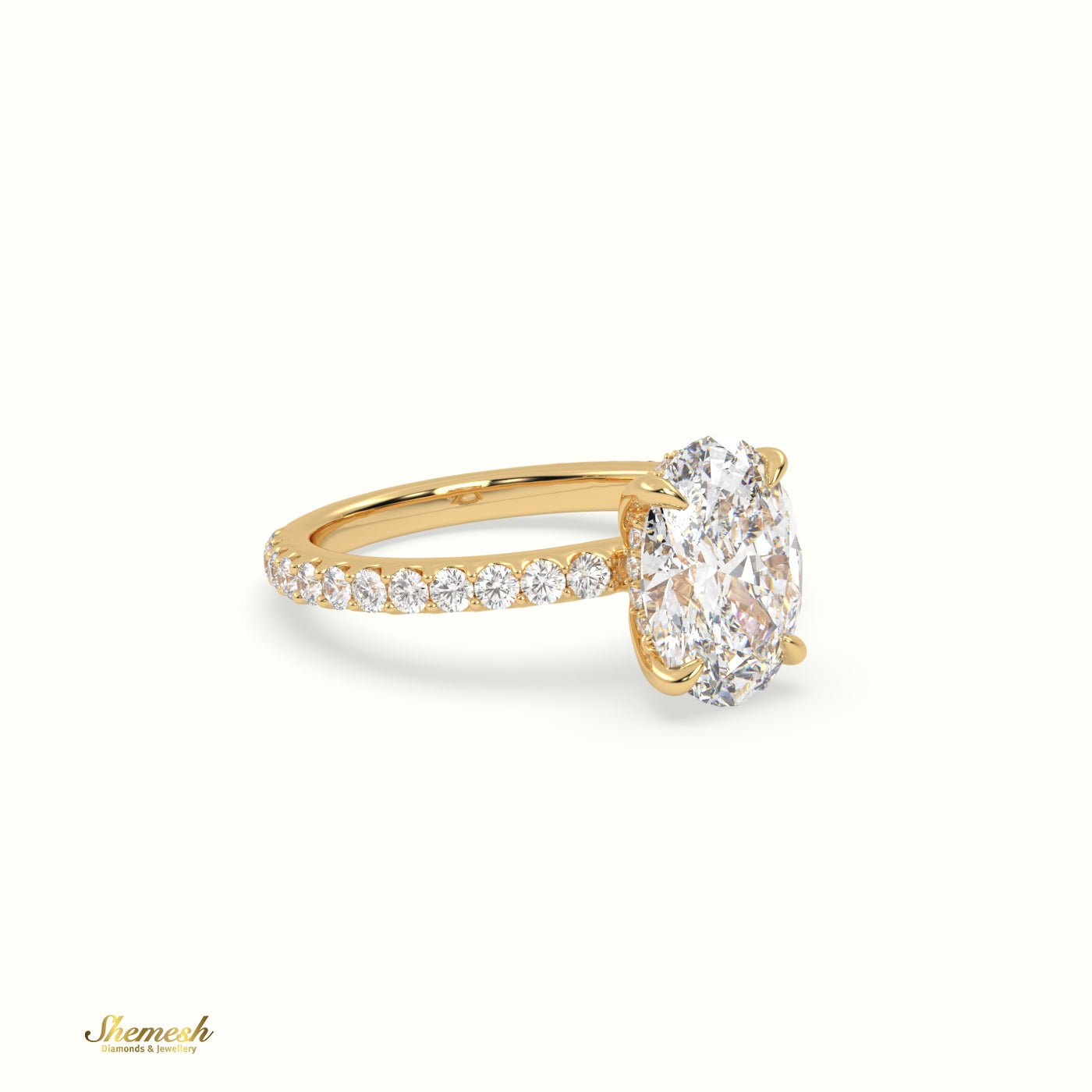 18K Gold 4 Prongs Oval Diamond Solitaire Engagement Ring with Pave Set Band - shemesh_diamonds