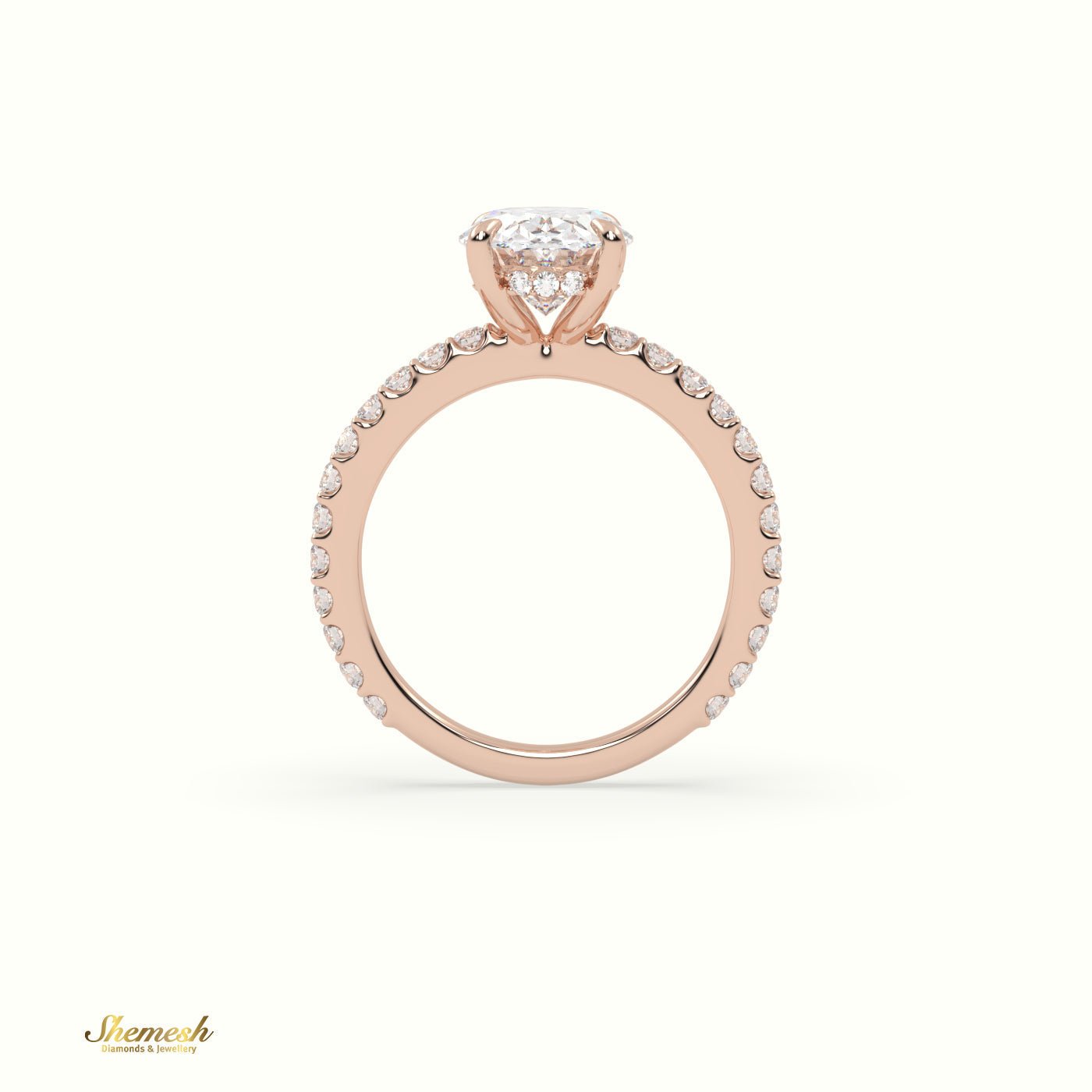 18K Gold 4 Prongs Oval Diamond Solitaire Engagement Ring with Pave Set Band - shemesh_diamonds