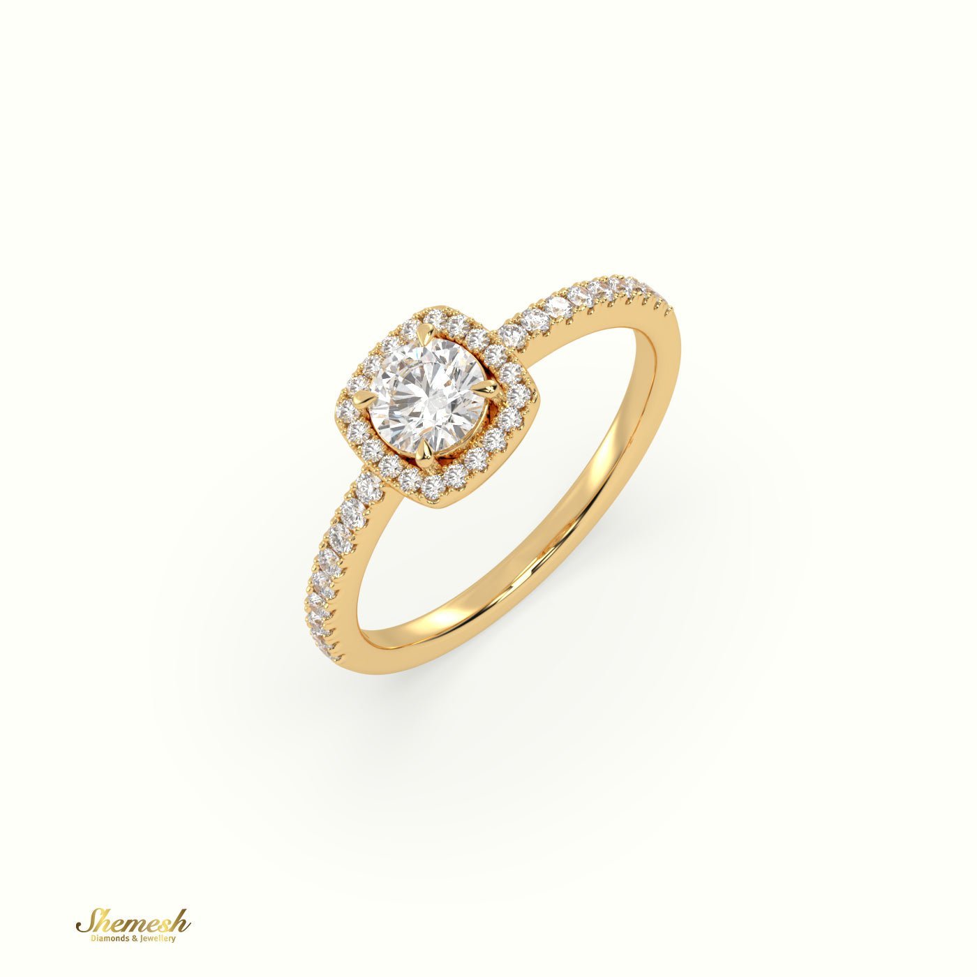 18K Gold 4 Prongs Round Diamond Halo Engagement Ring with Pave set band - shemesh_diamonds