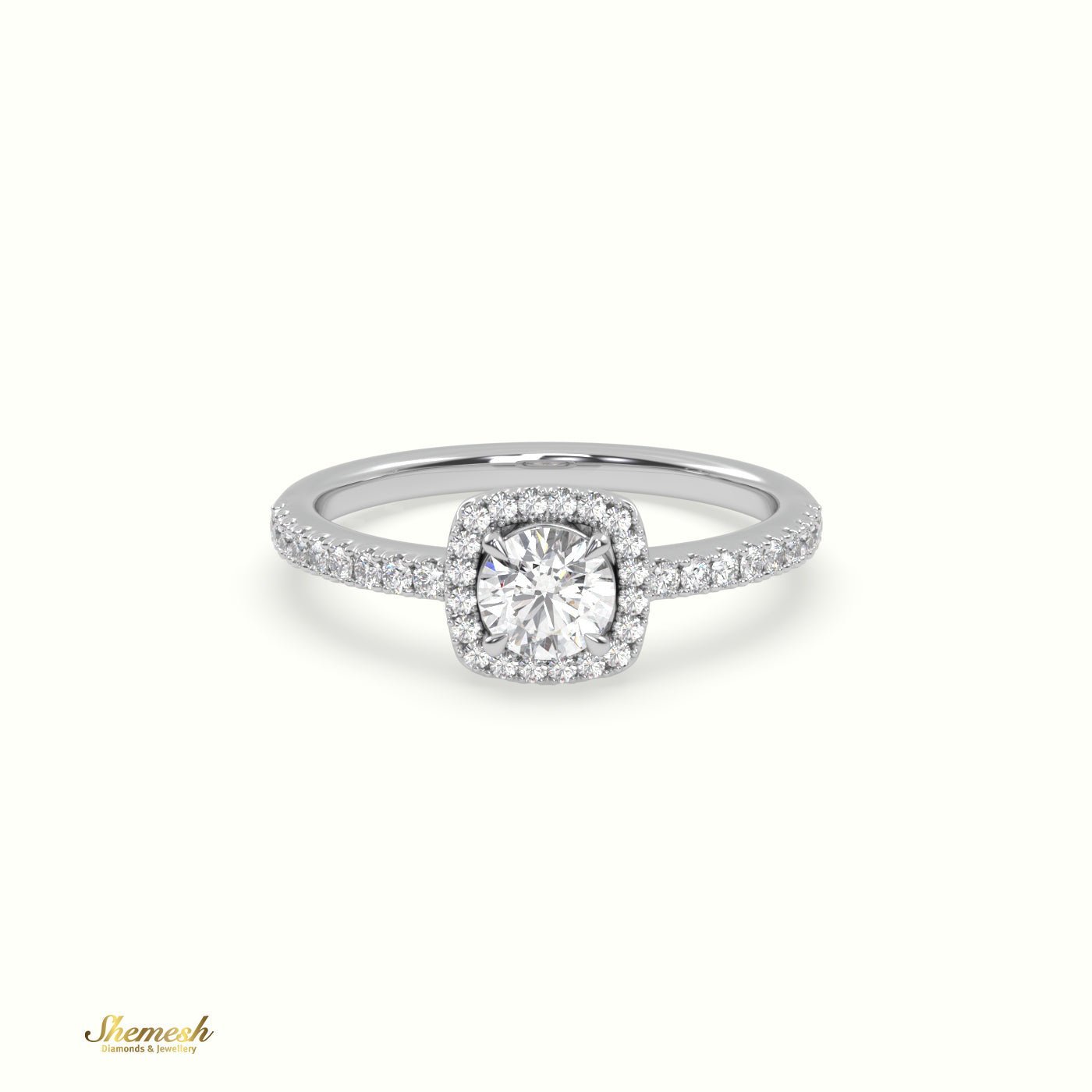 18K Gold 4 Prongs Round Diamond Halo Engagement Ring with Pave set band - shemesh_diamonds