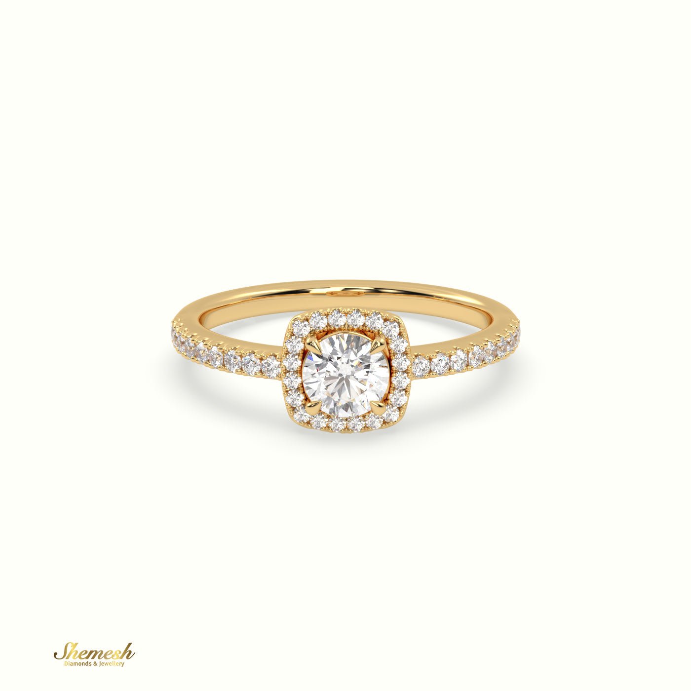 18K Gold 4 Prongs Round Diamond Halo Engagement Ring with Pave set band - shemesh_diamonds