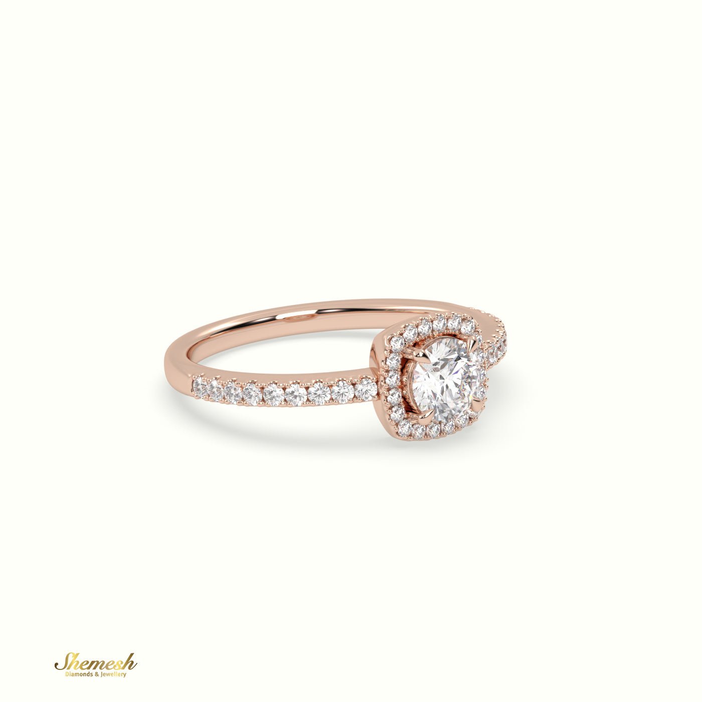 18K Gold 4 Prongs Round Diamond Halo Engagement Ring with Pave set band - shemesh_diamonds