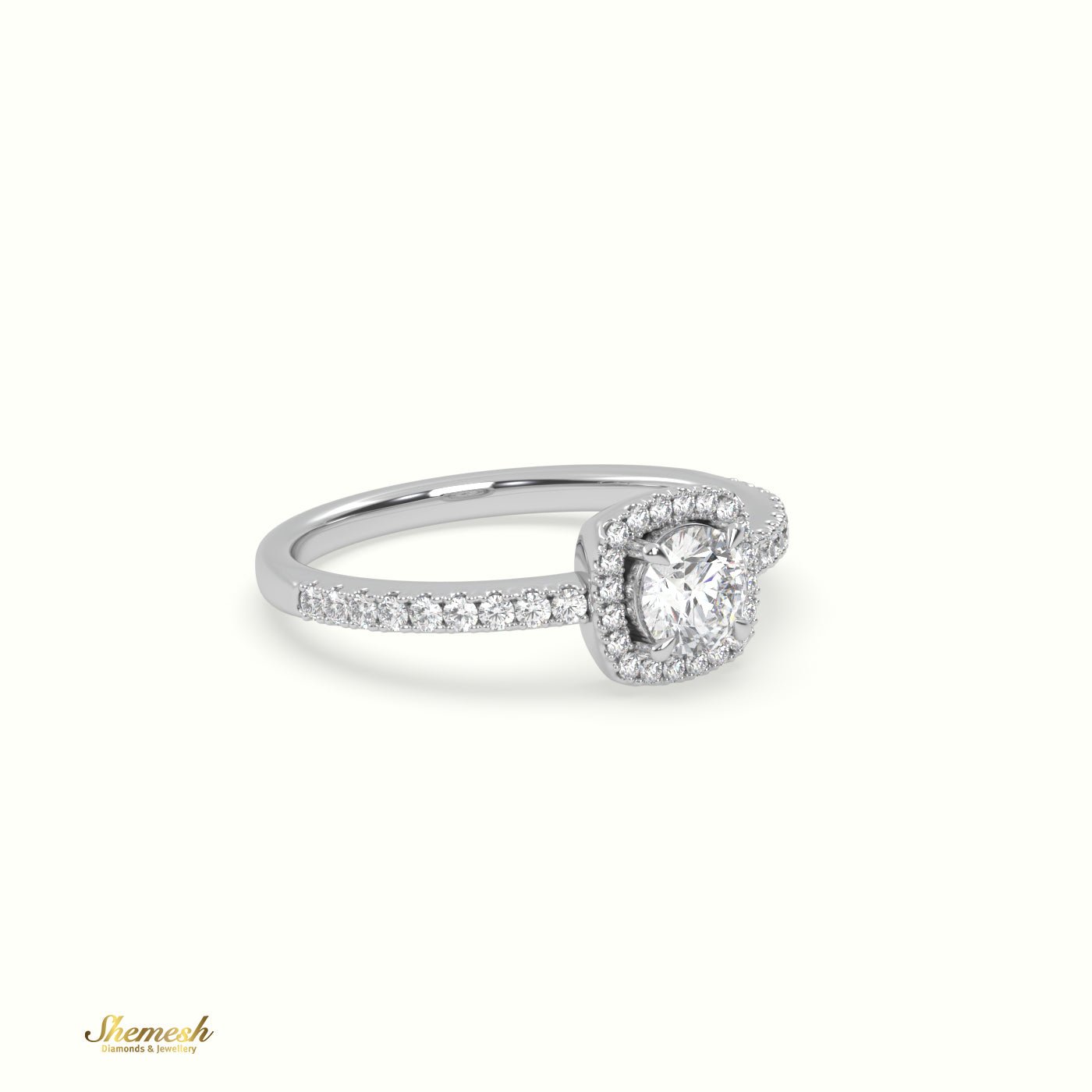 18K Gold 4 Prongs Round Diamond Halo Engagement Ring with Pave set band - shemesh_diamonds