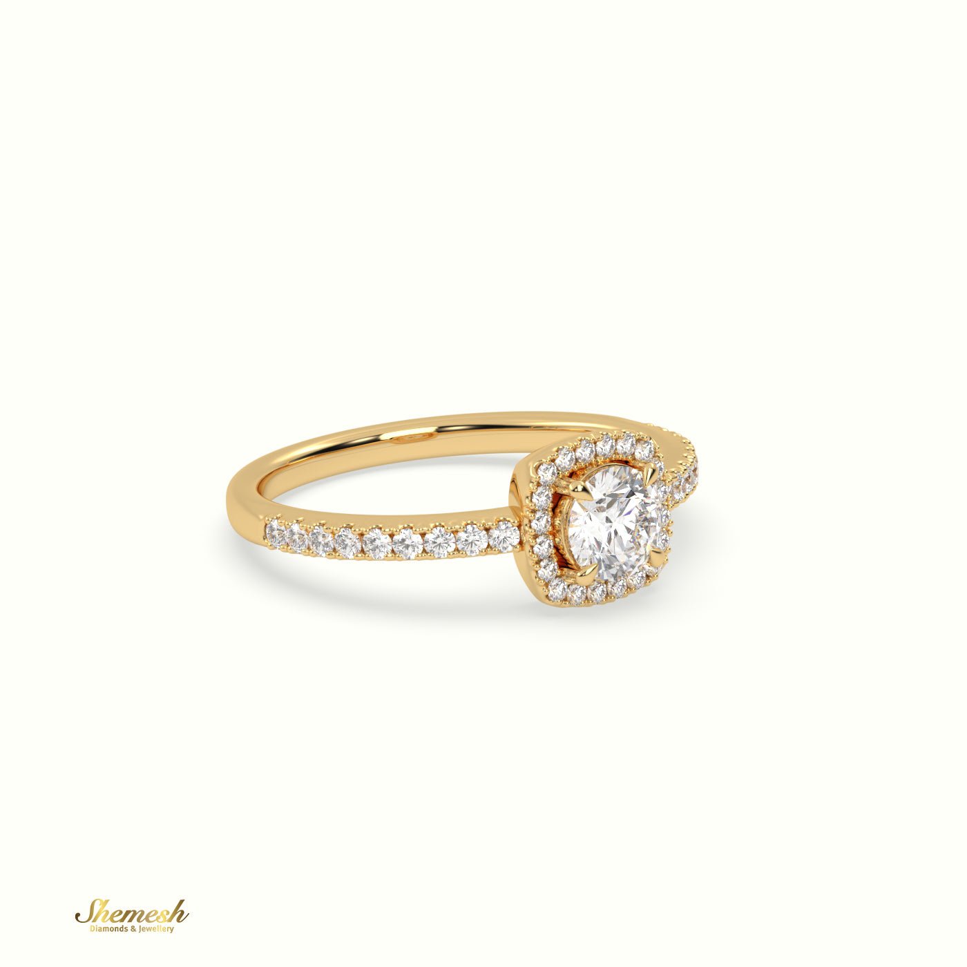 18K Gold 4 Prongs Round Diamond Halo Engagement Ring with Pave set band - shemesh_diamonds