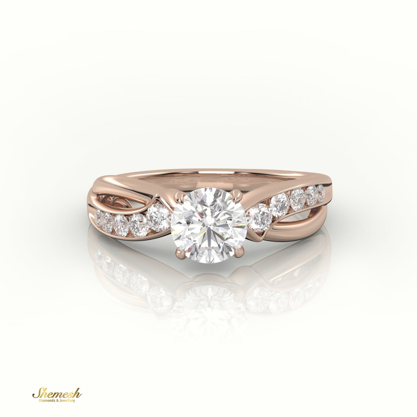 18K Gold 4 Prongs Round Cut Diamond Engagement Ring with Twisted Designer Band - shemesh_diamonds