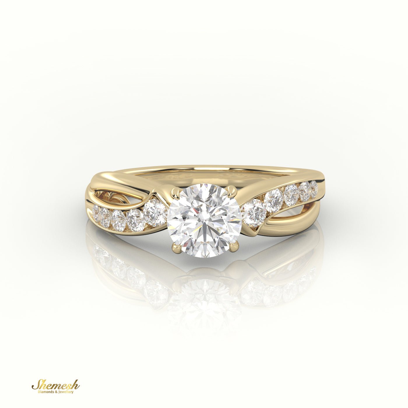 18K Gold 4 Prongs Round Cut Diamond Engagement Ring with Twisted Designer Band - shemesh_diamonds