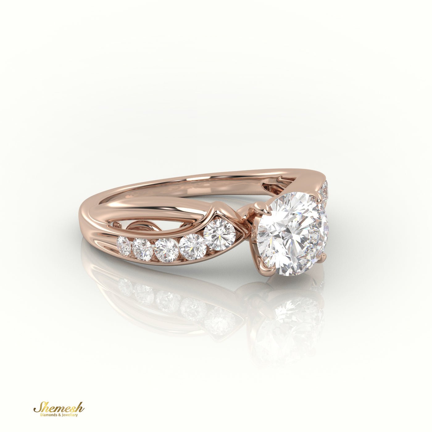 18K Gold 4 Prongs Round Cut Diamond Engagement Ring with Twisted Designer Band - shemesh_diamonds