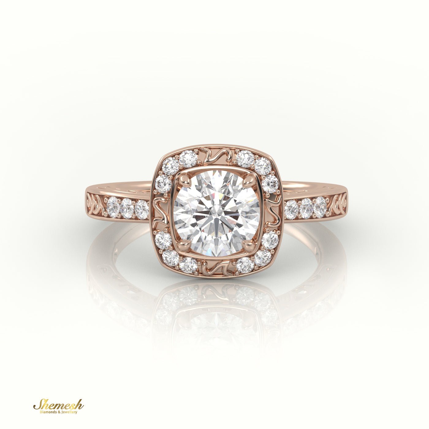 18K Gold 4 Prongs Round Diamond Halo Style Designer Engagement Ring with Pave Set Band - shemesh_diamonds