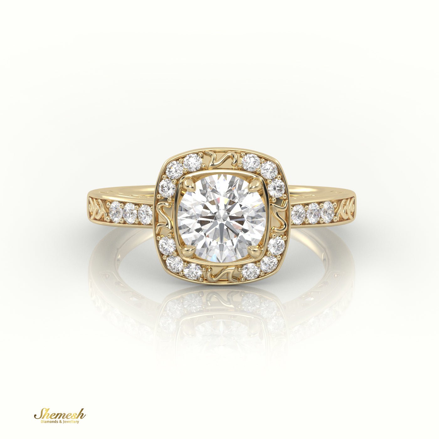 18K Gold 4 Prongs Round Diamond Halo Style Designer Engagement Ring with Pave Set Band - shemesh_diamonds