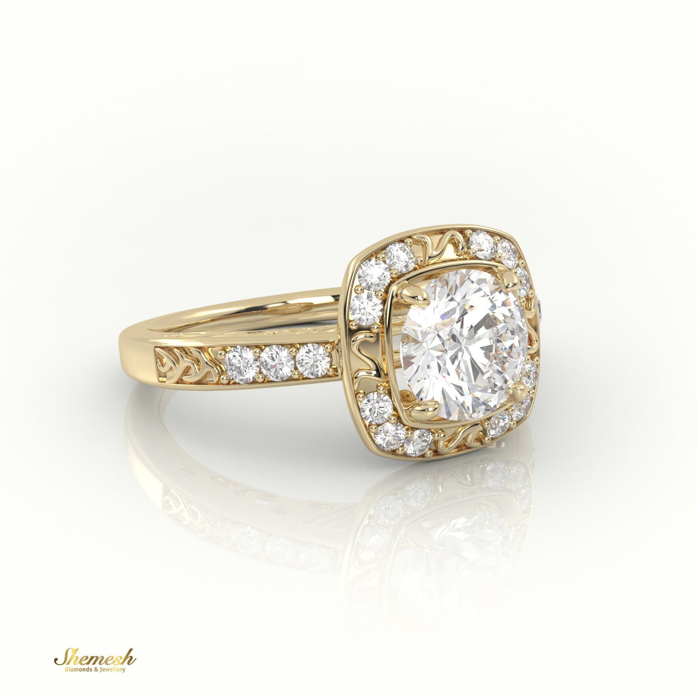 18K Gold 4 Prongs Round Diamond Halo Style Designer Engagement Ring with Pave Set Band - shemesh_diamonds