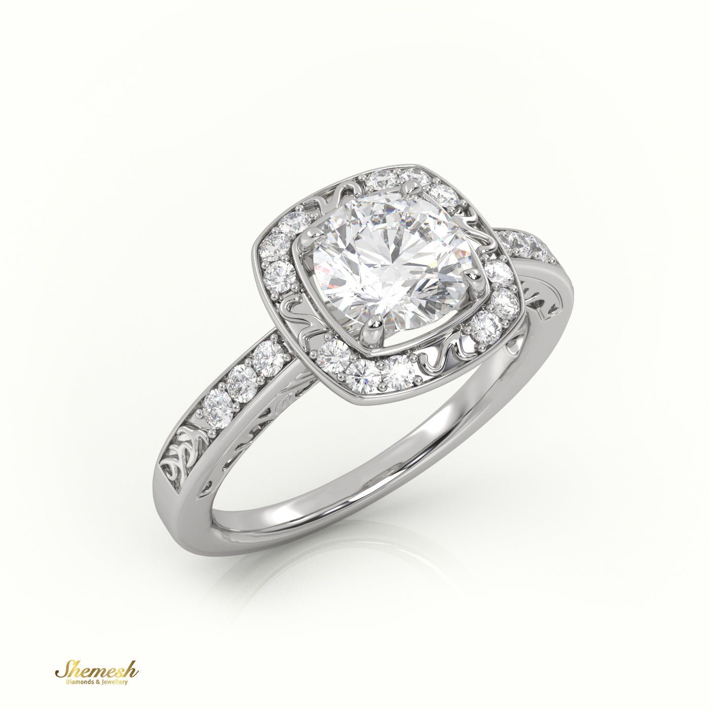 18K Gold 4 Prongs Round Diamond Halo Style Designer Engagement Ring with Pave Set Band - shemesh_diamonds