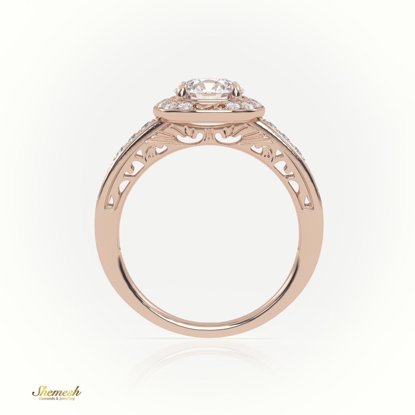 18K Gold 4 Prongs Round Diamond Halo Style Designer Engagement Ring with Pave Set Band - shemesh_diamonds