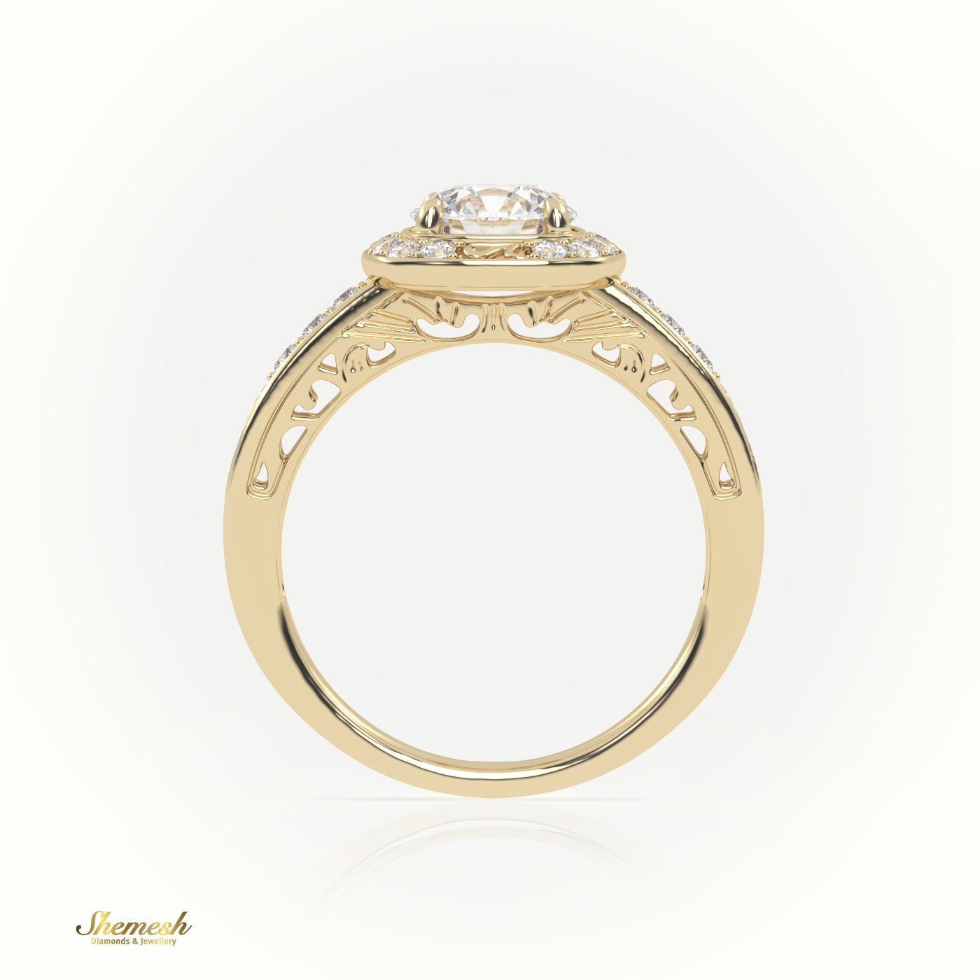 18K Gold 4 Prongs Round Diamond Halo Style Designer Engagement Ring with Pave Set Band - shemesh_diamonds