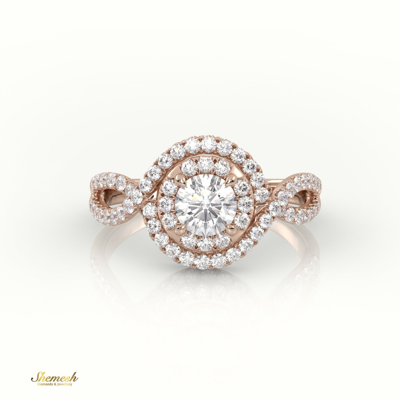 18K Gold 4 Prong Round Brilliant Cut Diamond Halo Engagement Ring with Infinity Design Band - shemesh_diamonds