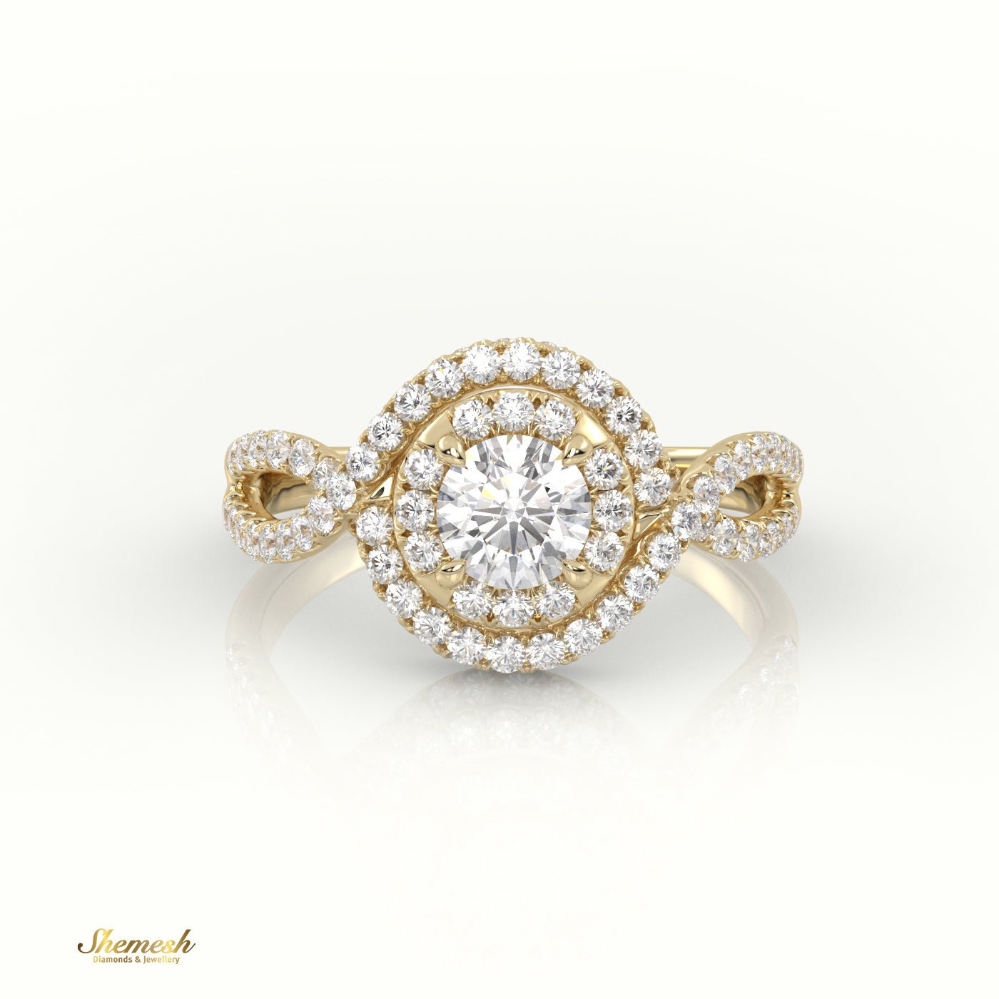 18K Gold 4 Prong Round Brilliant Cut Diamond Halo Engagement Ring with Infinity Design Band - shemesh_diamonds