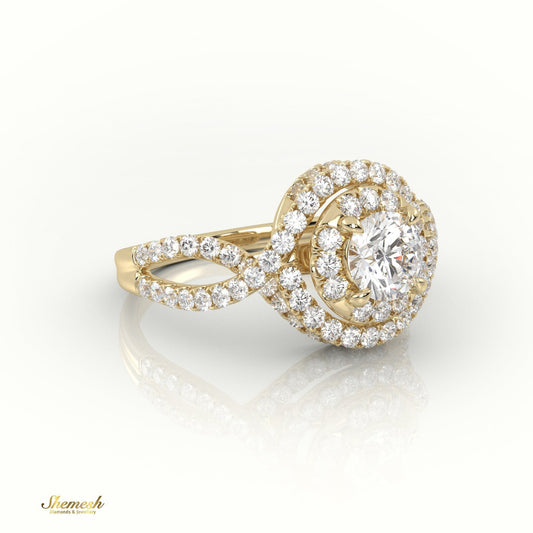 18K Gold 4 Prong Round Brilliant Cut Diamond Halo Engagement Ring with Infinity Design Band - shemesh_diamonds