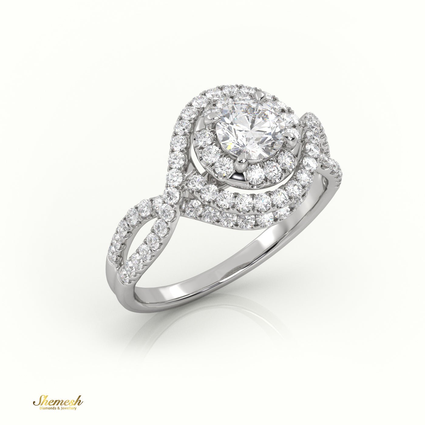 18K Gold 4 Prong Round Brilliant Cut Diamond Halo Engagement Ring with Infinity Design Band - shemesh_diamonds