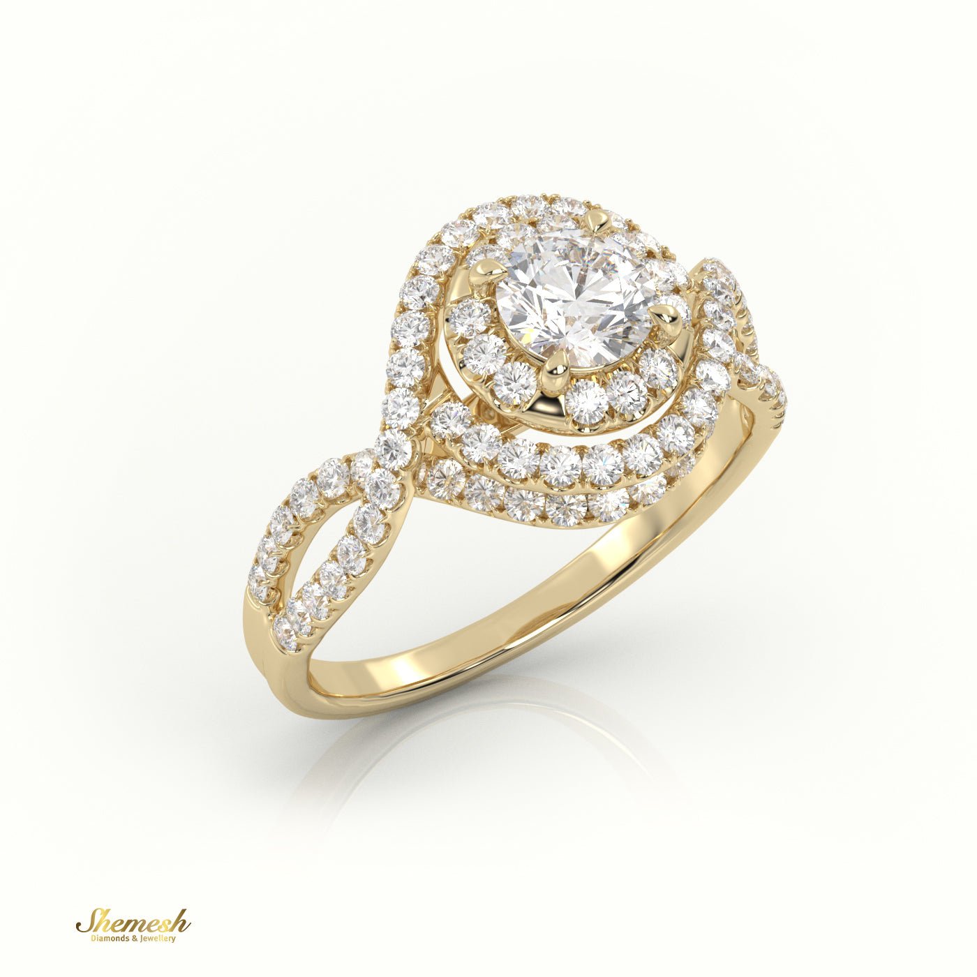 18K Gold 4 Prong Round Brilliant Cut Diamond Halo Engagement Ring with Infinity Design Band - shemesh_diamonds