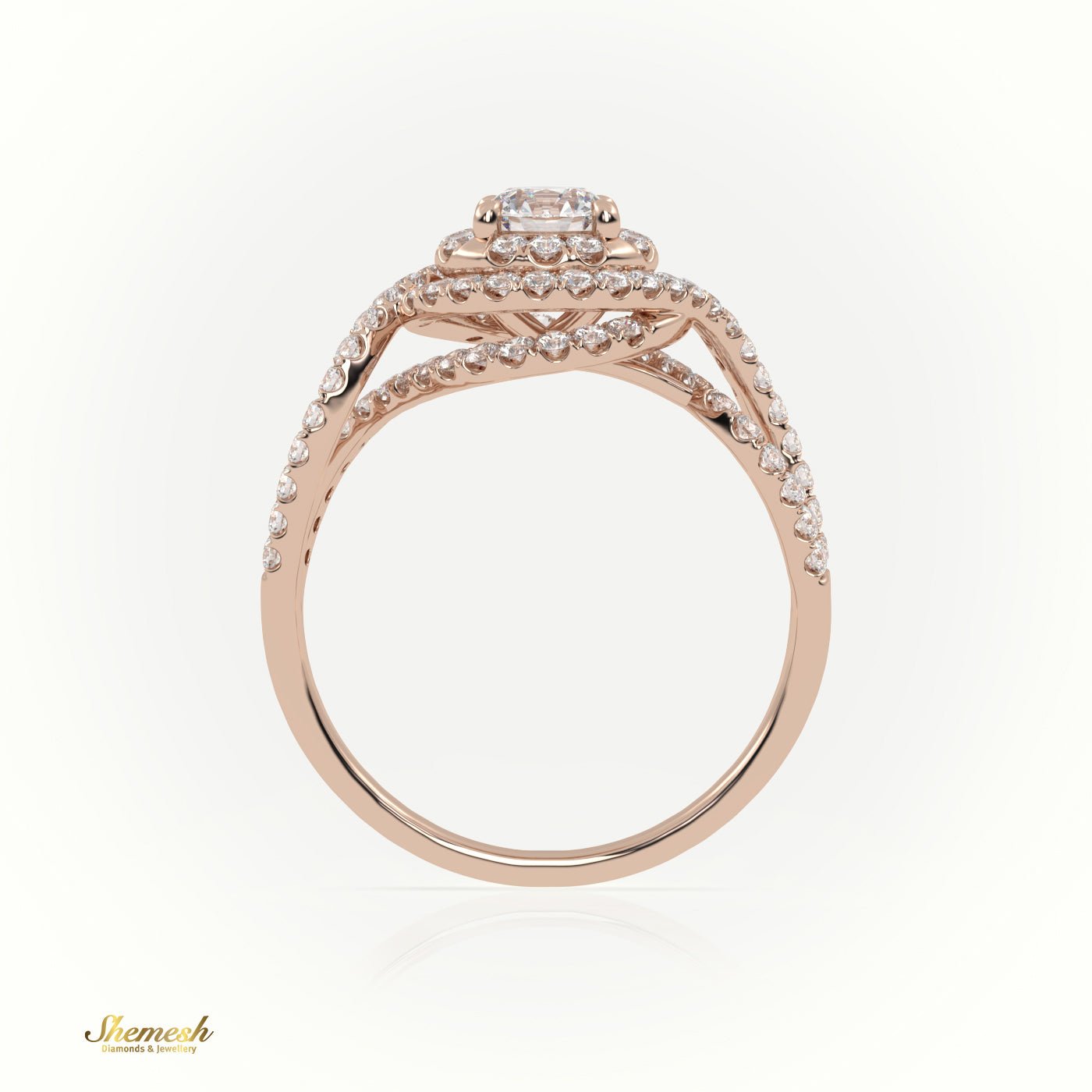 18K Gold 4 Prong Round Brilliant Cut Diamond Halo Engagement Ring with Infinity Design Band - shemesh_diamonds